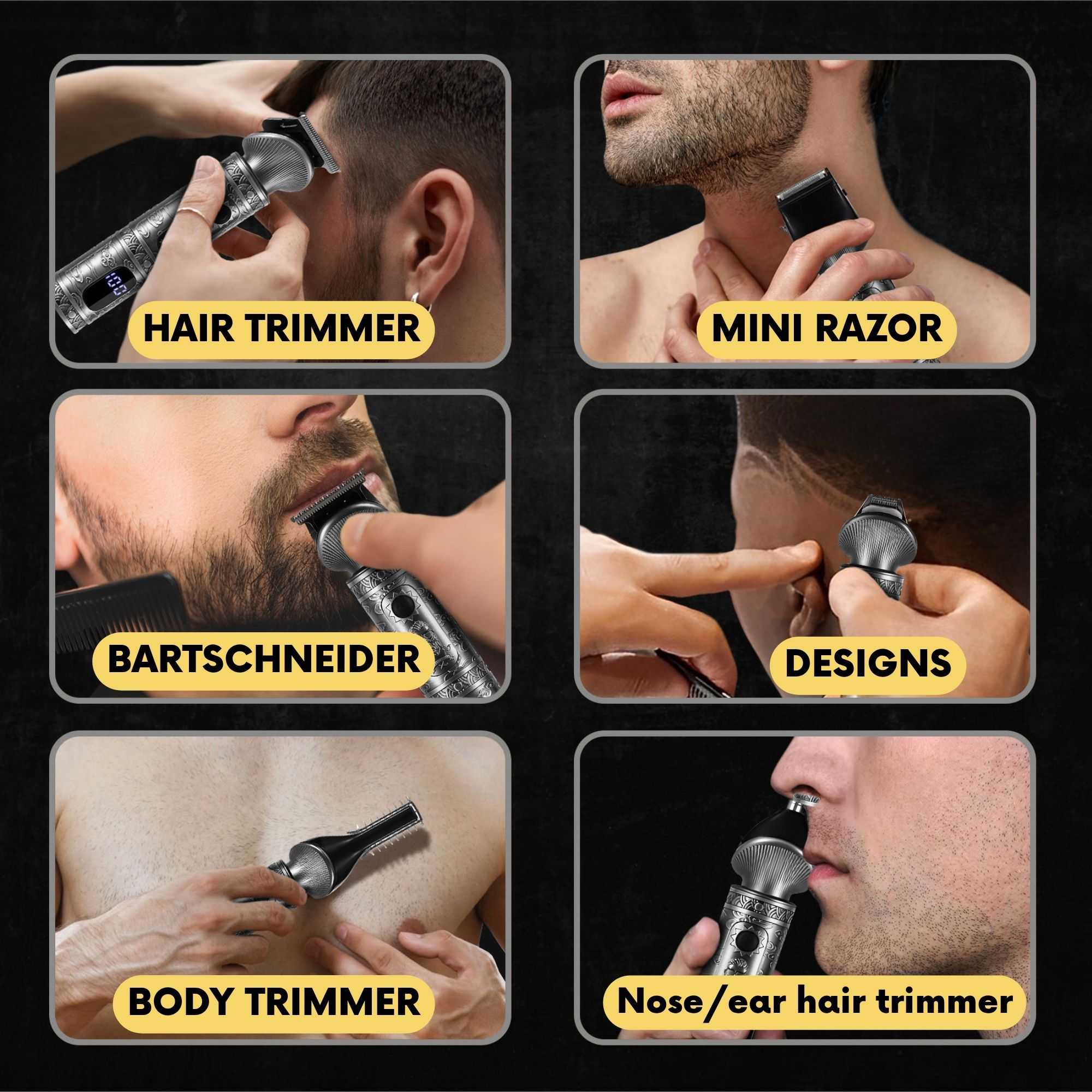 Six images montrent différentes tondeuses utilisées pour les cheveux, la barbe, le corps et le nez.