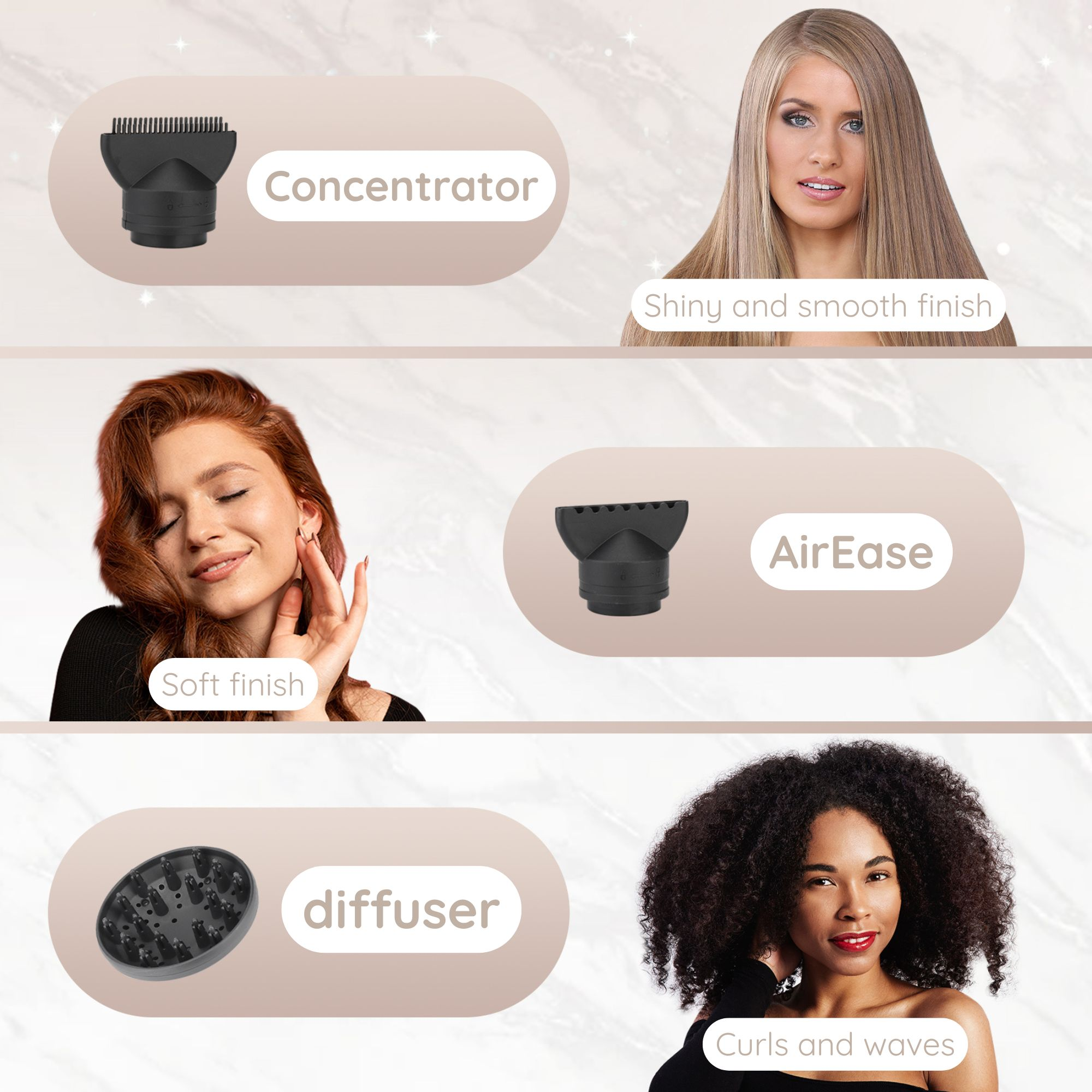 Drei Haarstyling-Aufsätze: Konzentrator, AirEase und Diffusor mit passenden Frisuren für glattes, weiches oder lockiges Haar.