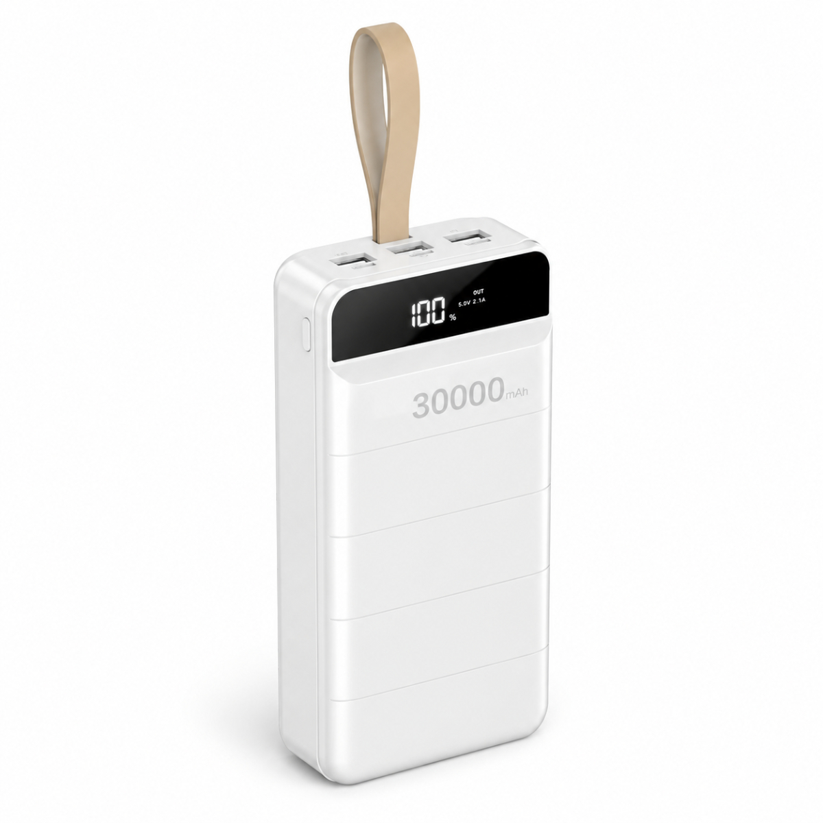 Weiße Powerbank mit 30000mAh, digitaler Anzeige und beiger Trageschlaufe auf weißem Hintergrund.