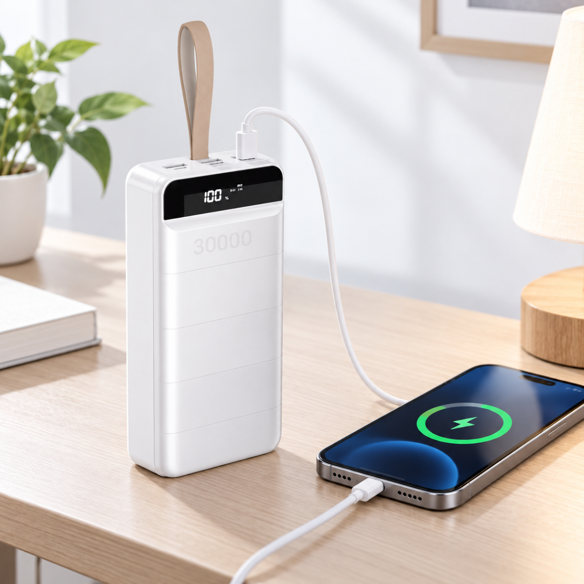 Eine weiße Powerbank mit Lederschlaufe und Display lädt ein Smartphone auf einem Holztisch.