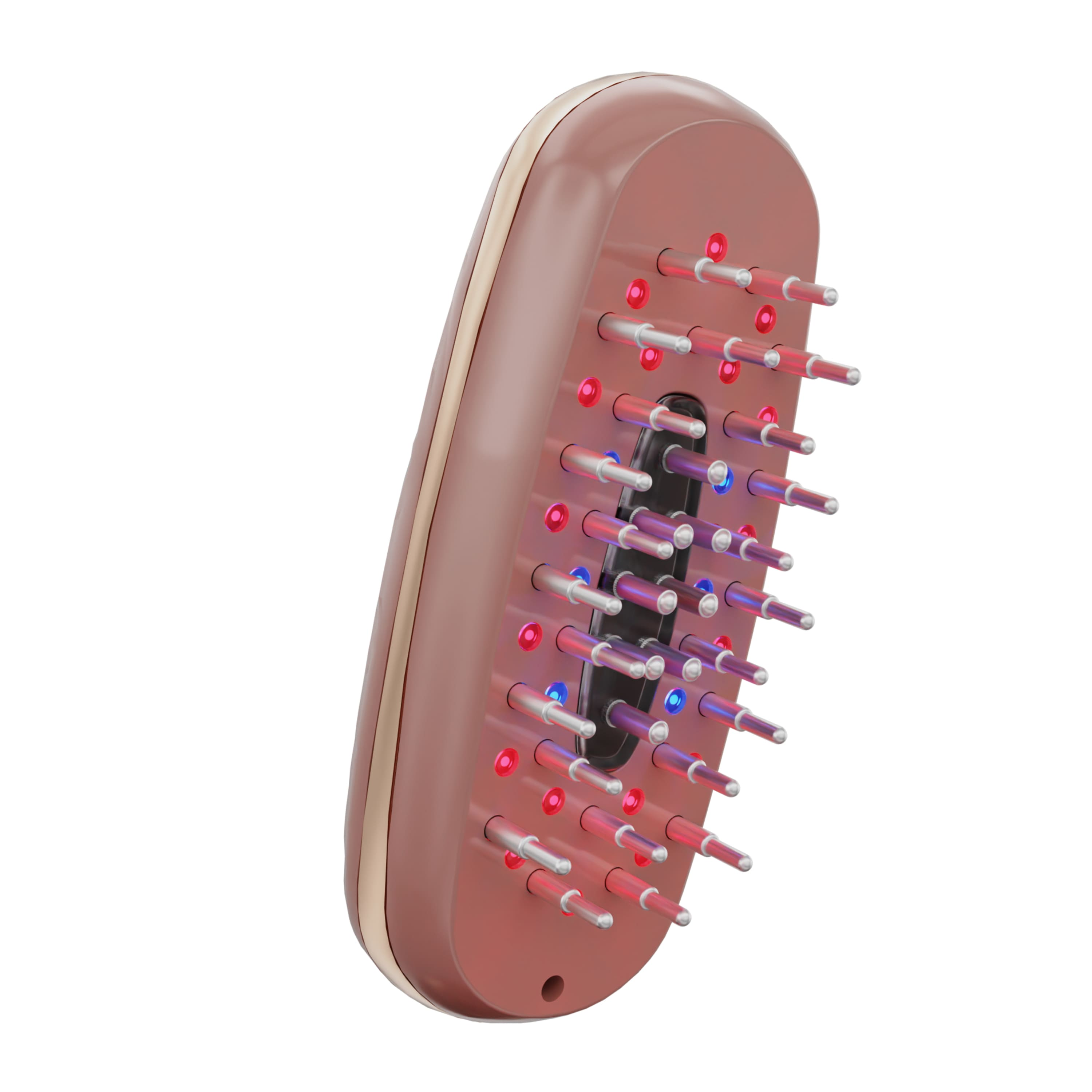 Un cepillo de pelo rosa con cerdas de metal y luces LED rojas y azules.