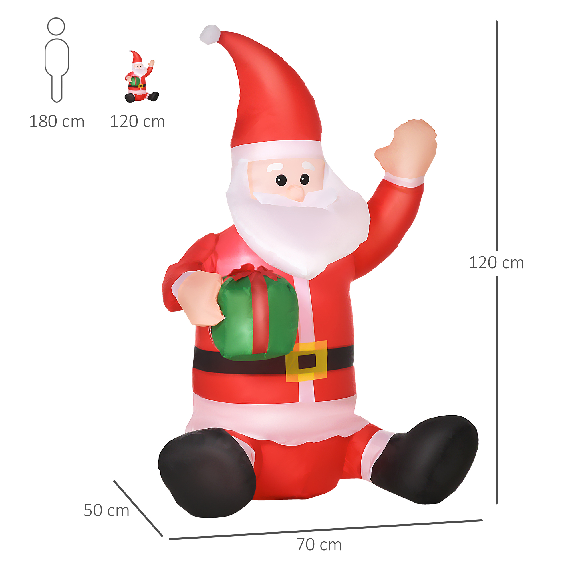 Un Papá Noel inflable sentado con un regalo, con líneas de dimensión que indican 120 cm de alto, 70 cm de ancho y 50 cm de profundidad.