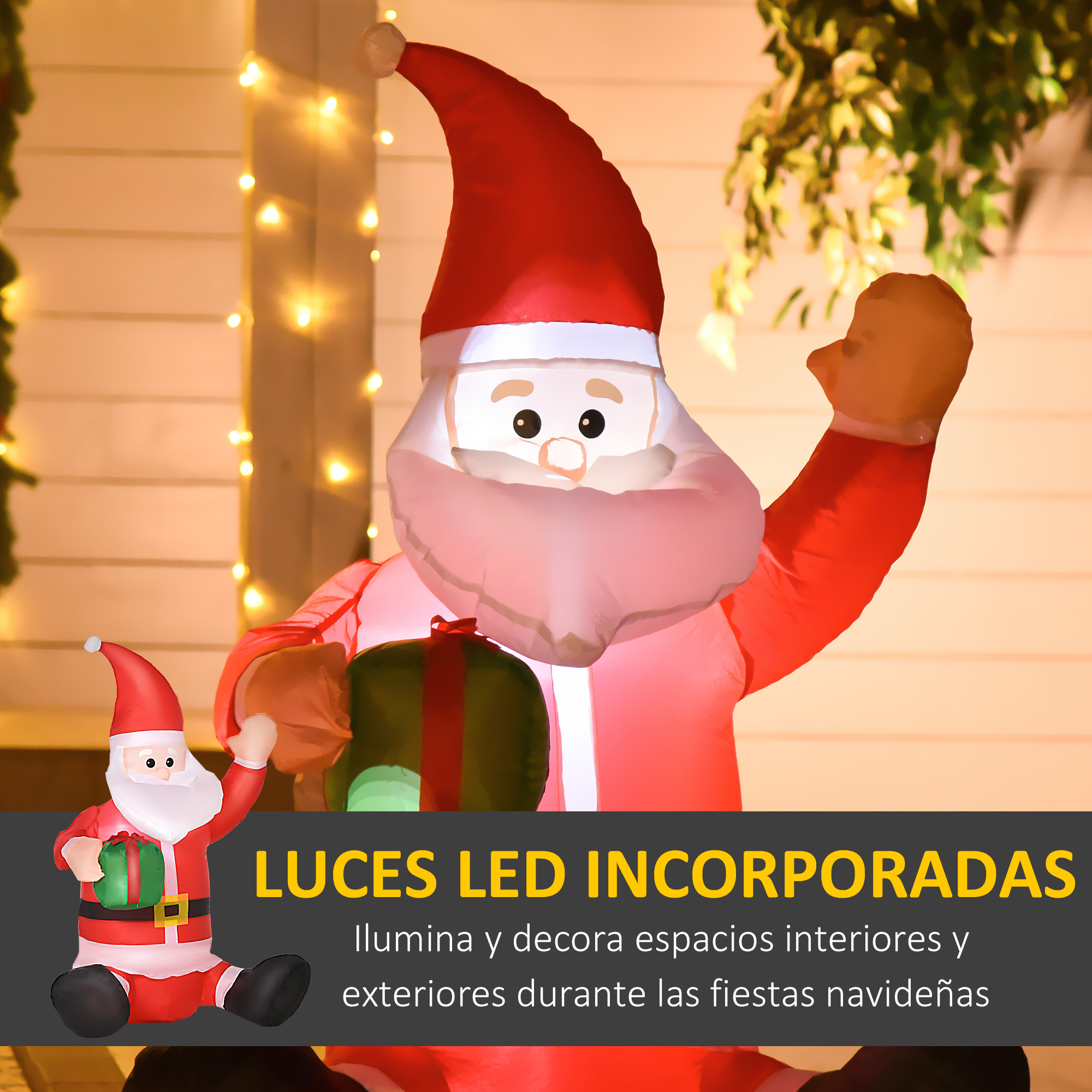 Papá Noel hinchable sosteniendo un regalo con luces LED integradas.