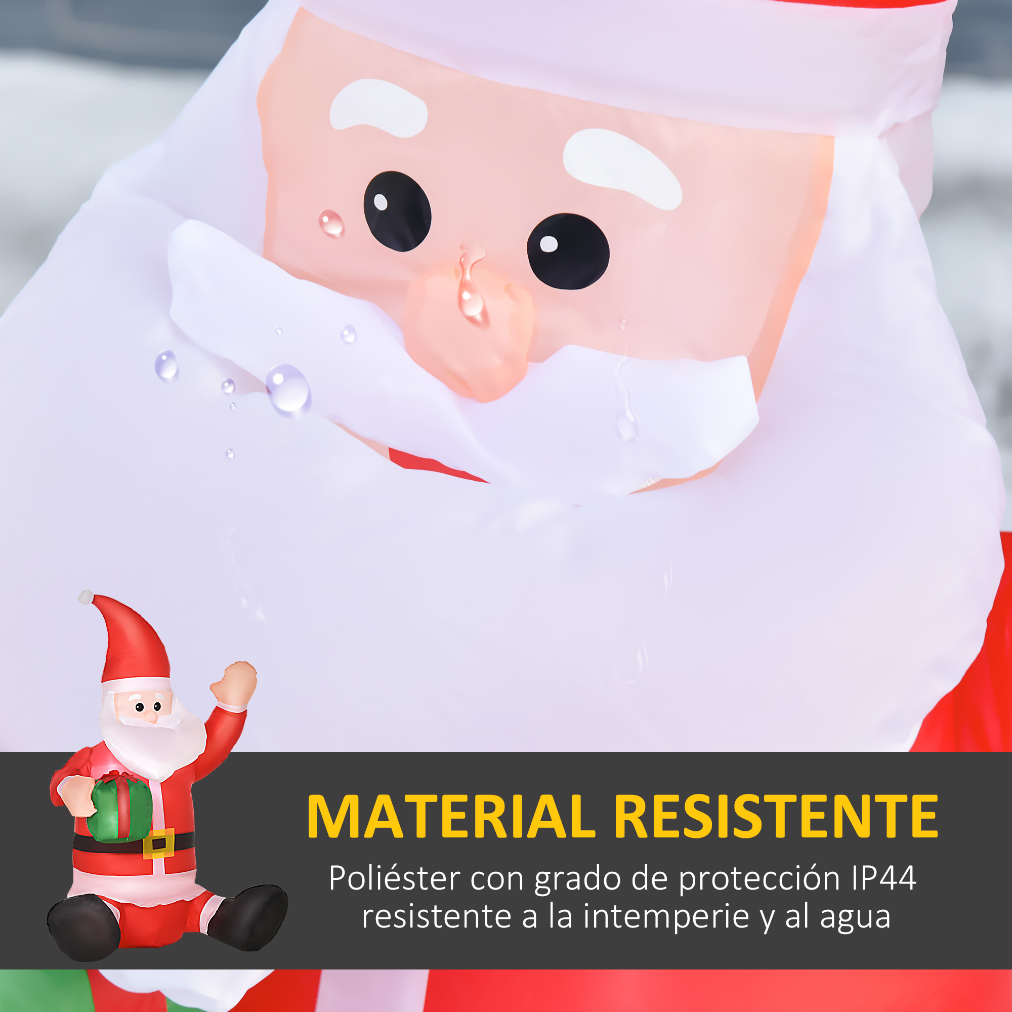 Primer plano de la cara de un Papá Noel inflable con gotas de agua y texto sobre material resistente abajo.