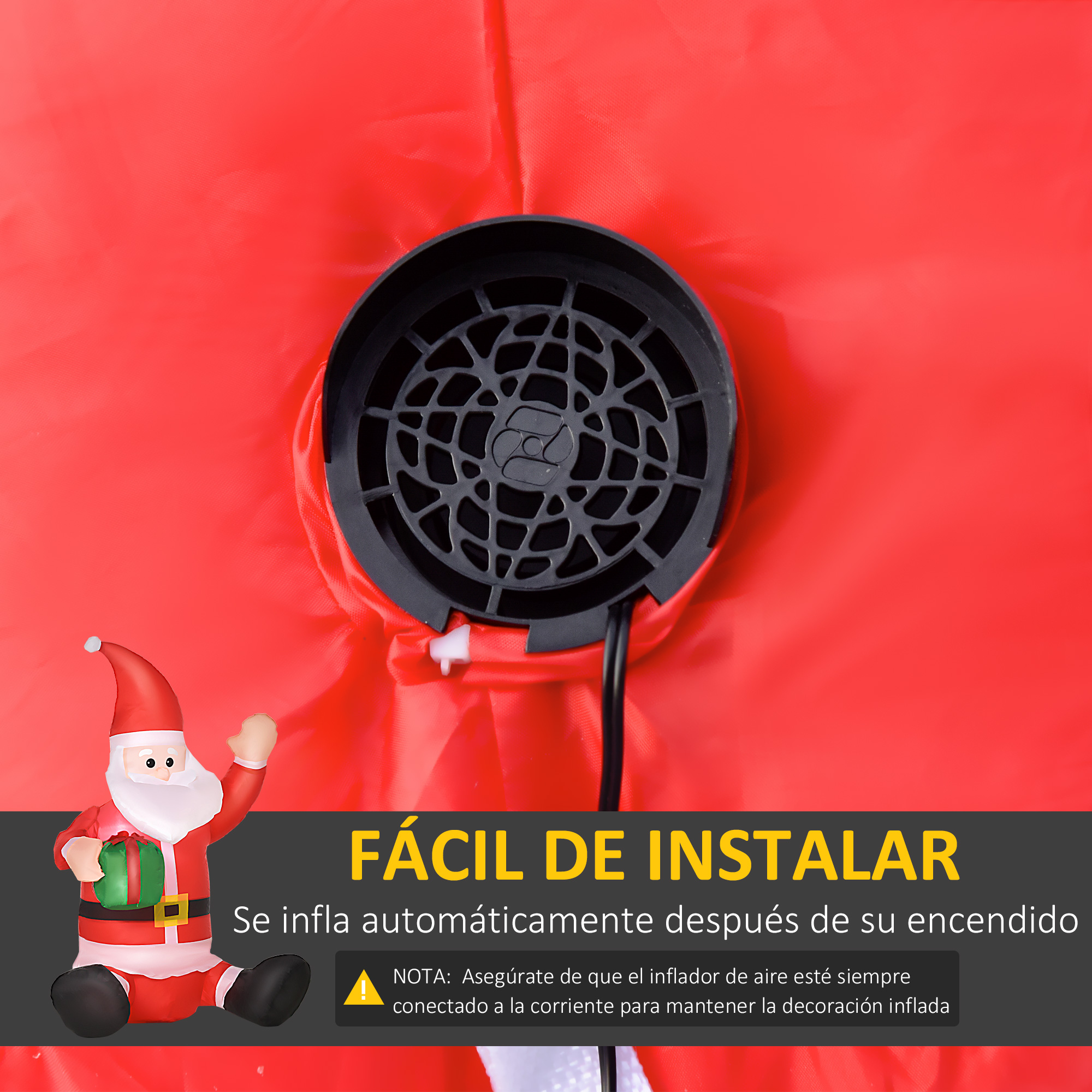 Un ventilador inflador de aire negro está integrado en tela roja, con Papá Noel y texto.