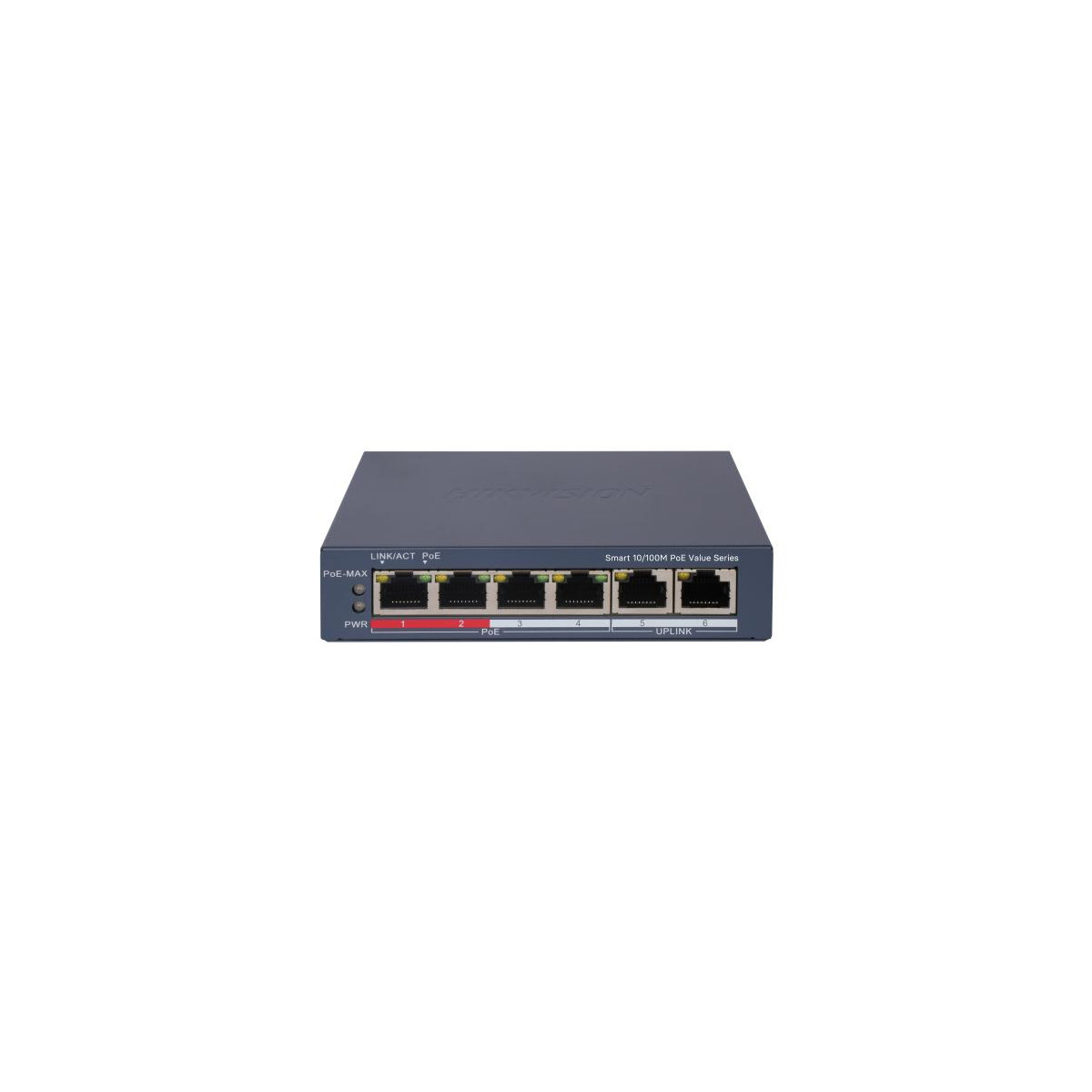 Un switch PoE inteligente Hikvision gris con seis puertos ethernet e indicadores LED sobre fondo blanco.