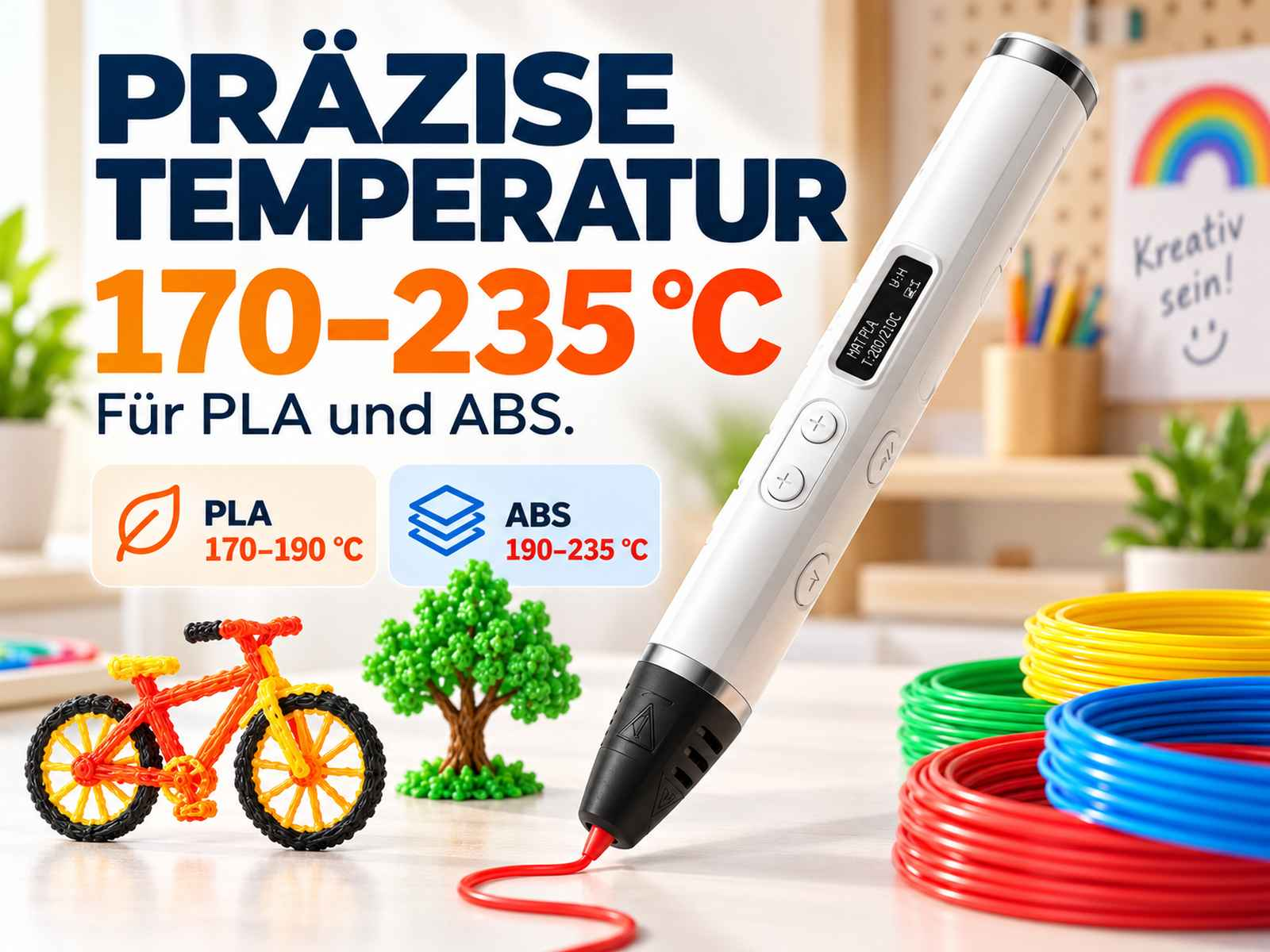 Ein weißer 3D-Stift auf einem Tisch mit bunten Filamentrollen, einer gedruckten roten Fahrrad-Figur und Text.