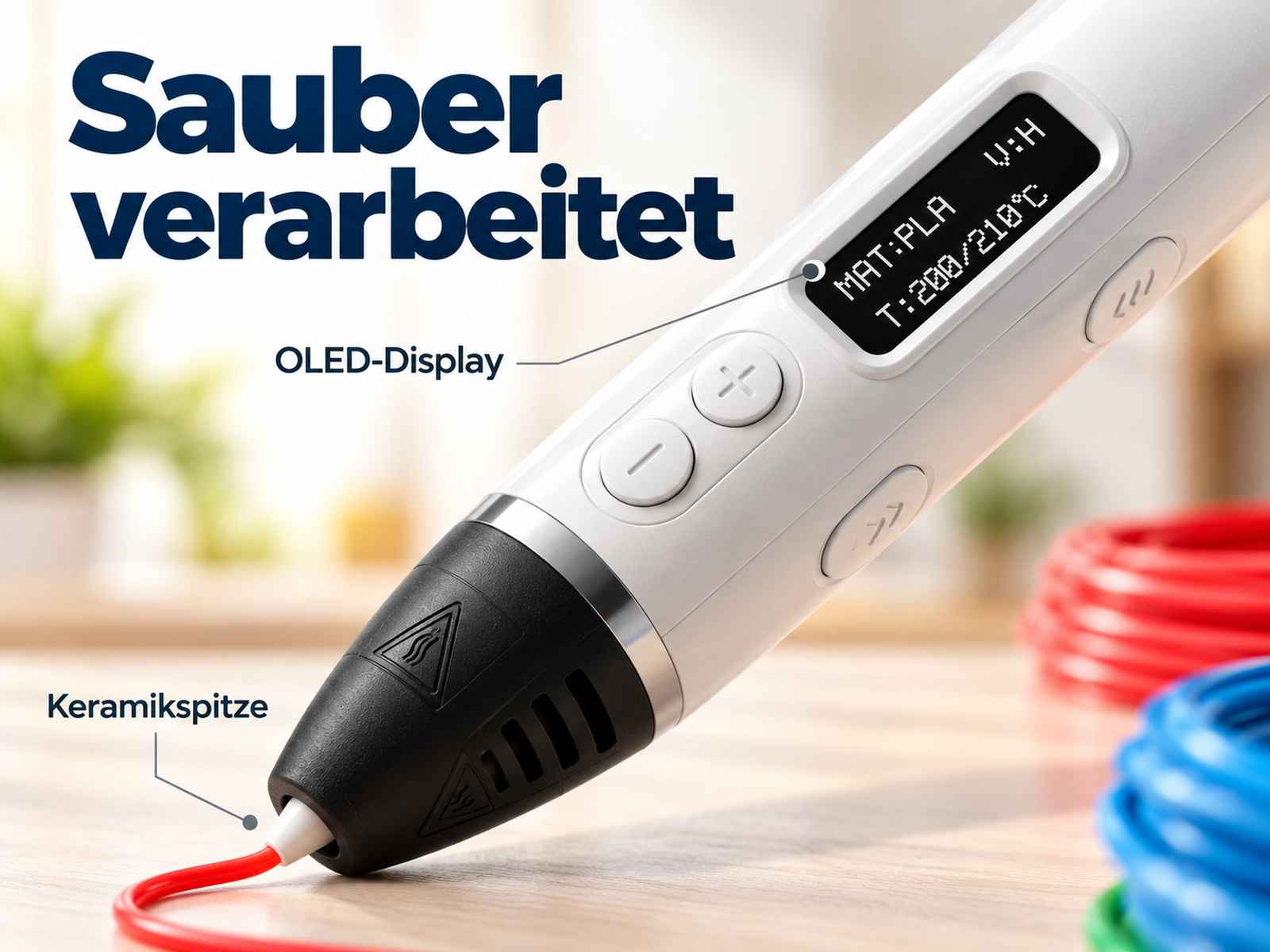 Weißer 3D-Stift mit OLED-Display, Keramikspitze und rotem Filament auf Holzoberfläche.
