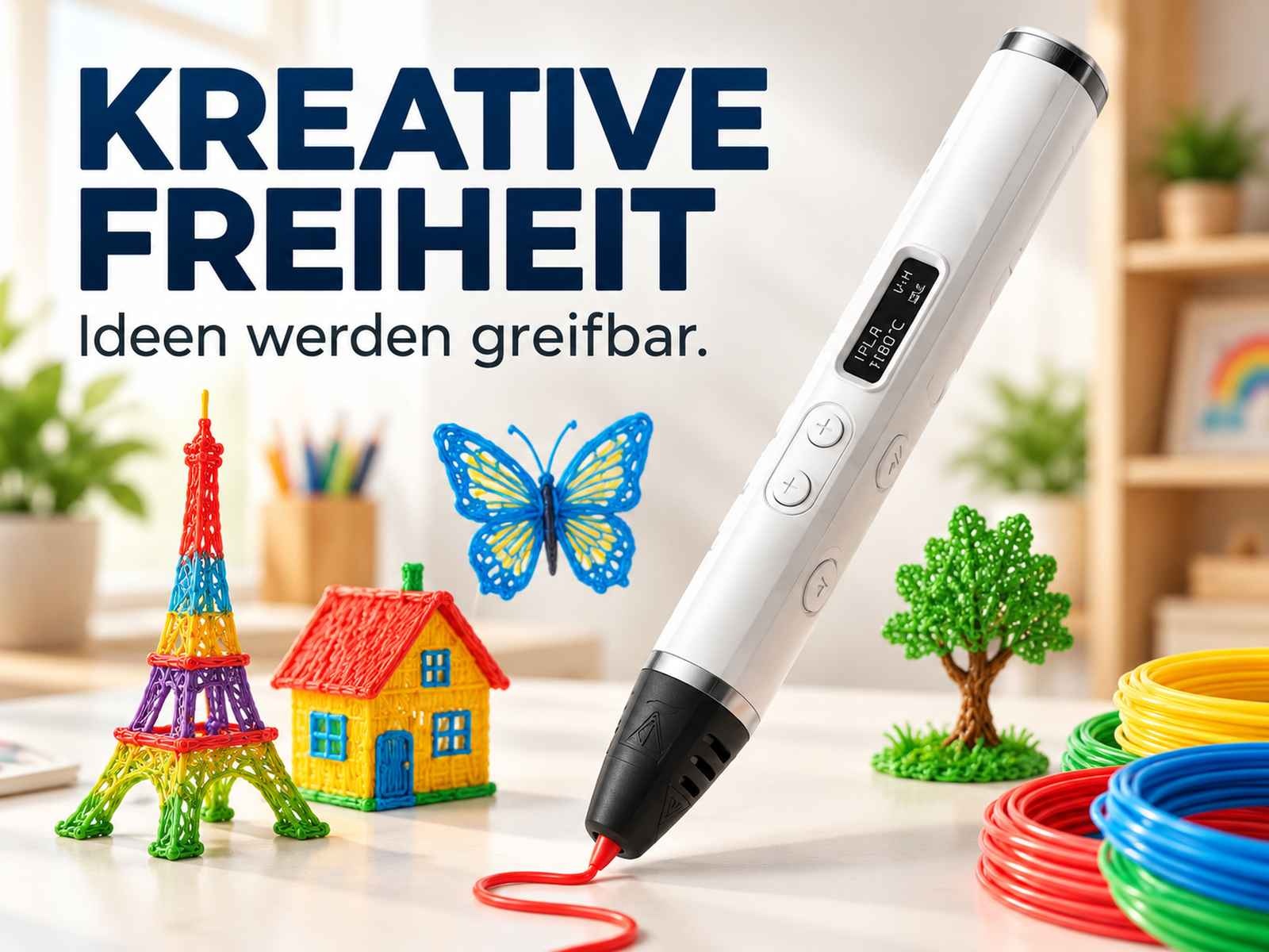 Ein weißer 3D-Stift auf einem Tisch mit bunten 3D-Drucken wie Eiffelturm, Haus und Schmetterling.