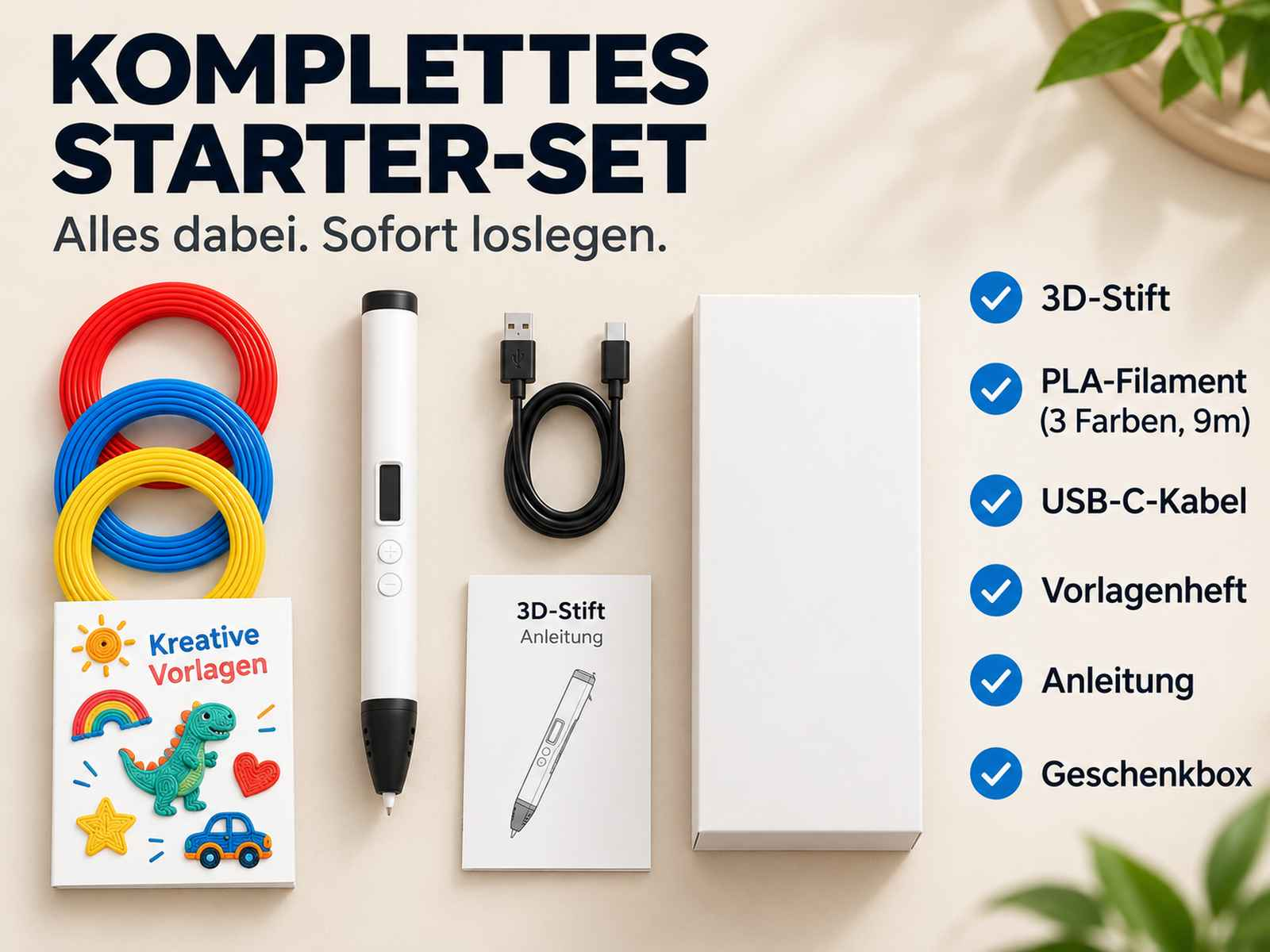 Ein 3D-Stift-Starterset mit Filamenten, USB-C-Kabel, Anleitung, Vorlagenheft und Geschenkbox.