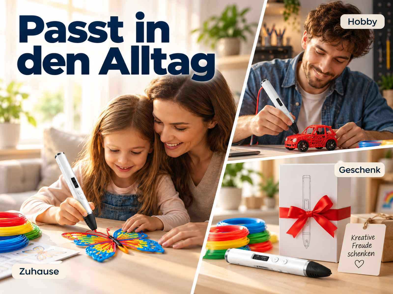 Menschen nutzen 3D-Stifte, um einen Schmetterling und ein Auto zu zeichnen, mit Geschenkbox und bunten Filamentrollen.