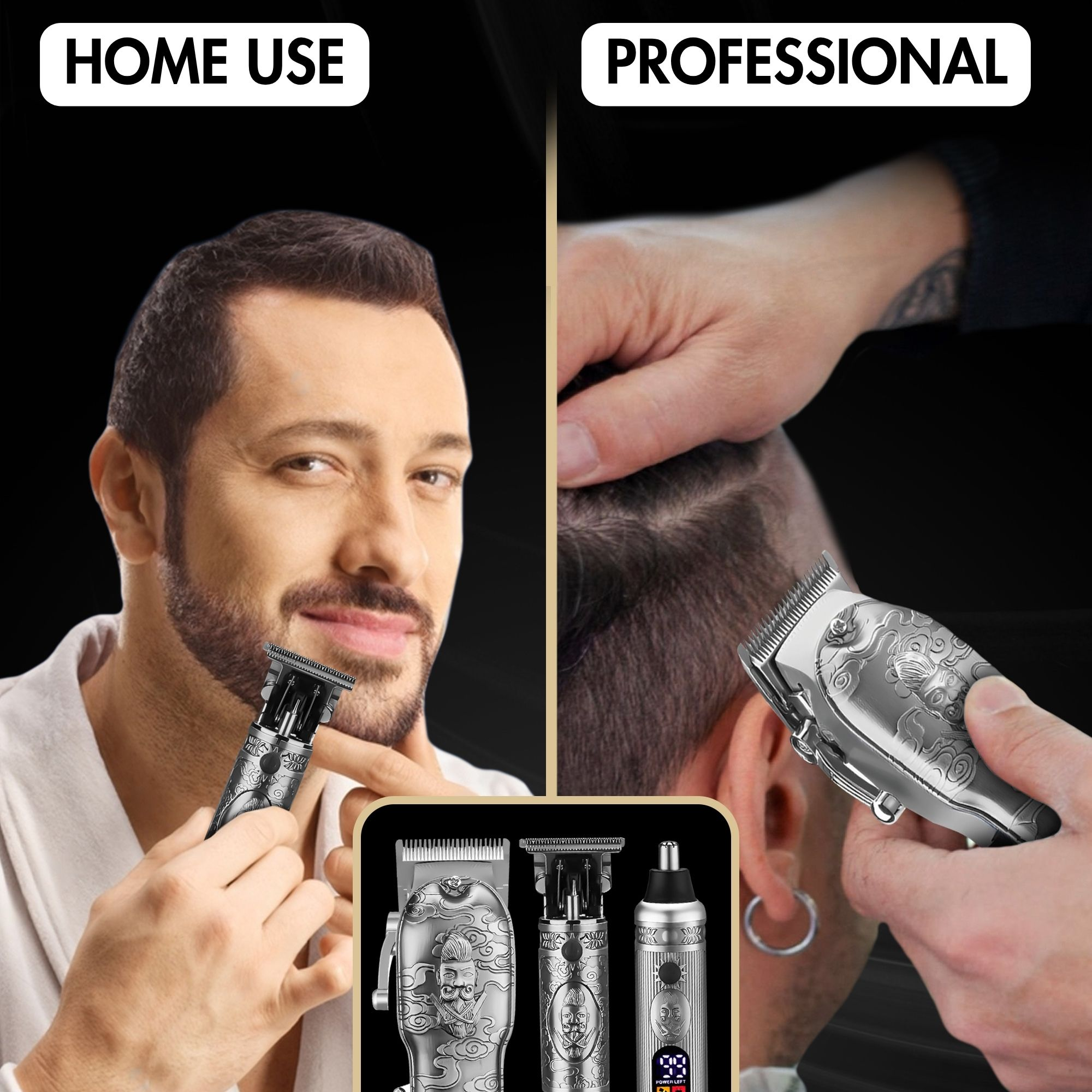 Vergelijking van thuistoepassing en professionele haartrimmers met gegraveerd metaal.