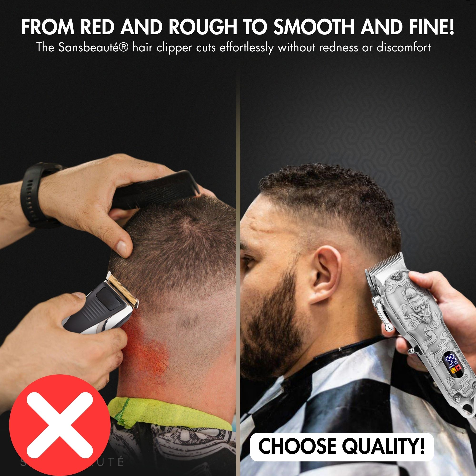Comparaison de coupes : à gauche, peau rouge et irritée, à droite, dégradé propre et lisse avec une tondeuse argentée.