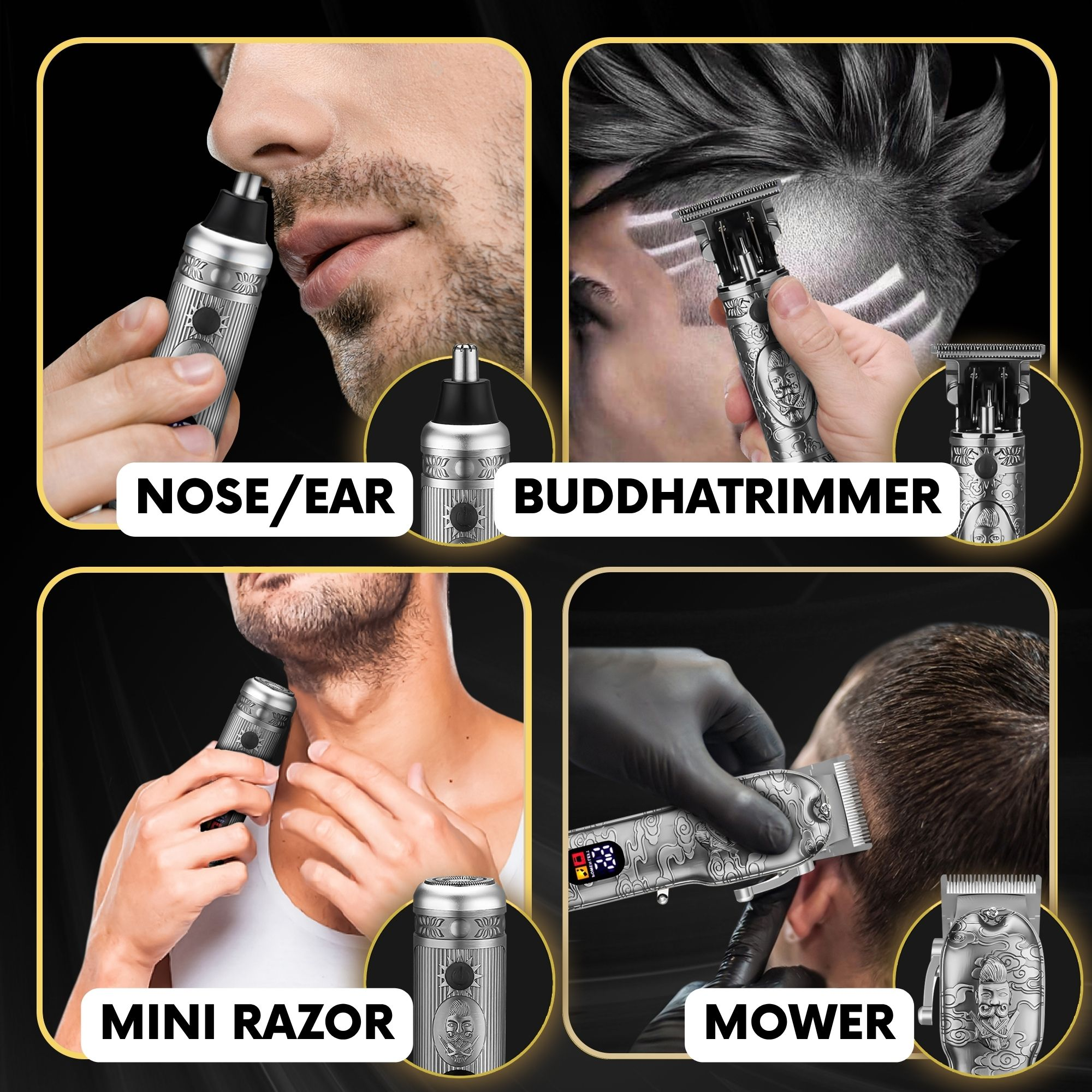 Un collage montrant des outils de soins, notamment un tondeuse nez, tondeuse à cheveux, mini rasoir et tondeuse.
