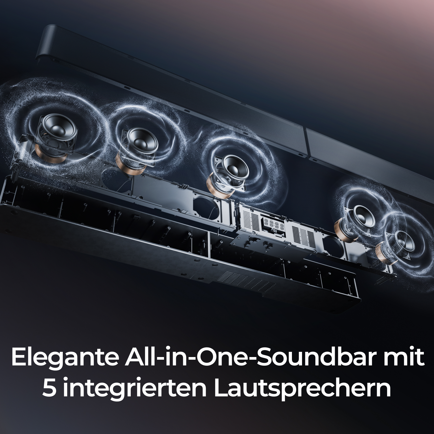Elegante All-in-One-Soundbar mit 5 integrierten Lautsprechern und sichtbaren Schallwellen.