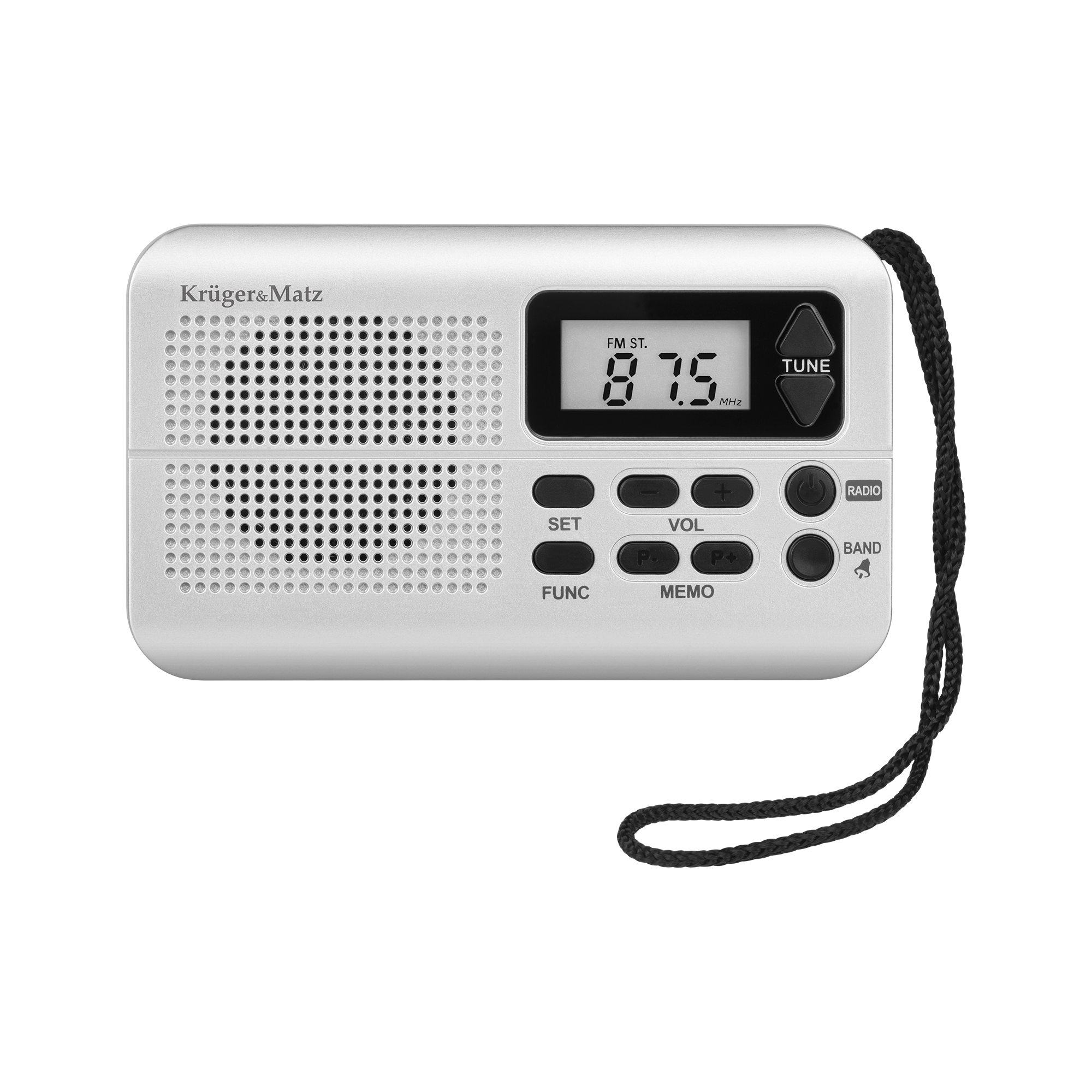 Kompaktowe srebrne radio z cyfrowym wyświetlaczem, grillem głośnika i czarnymi przyciskami na czarnym tle.