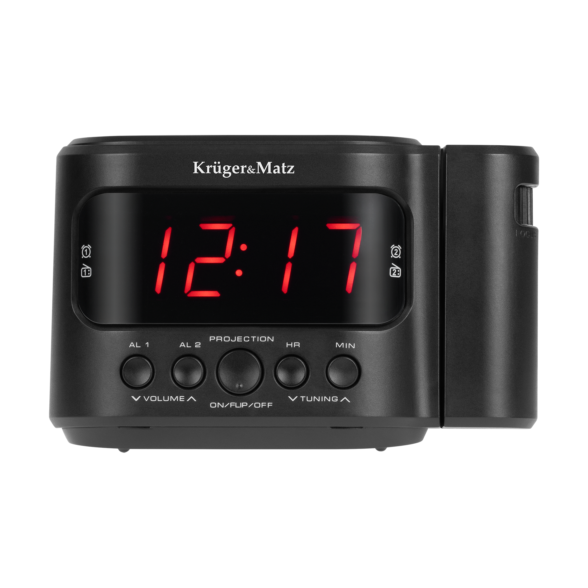 Czarny radiobudzik Kruger&Matz z czerwonym wyświetlaczem LED i przyciskami na czarnym tle.