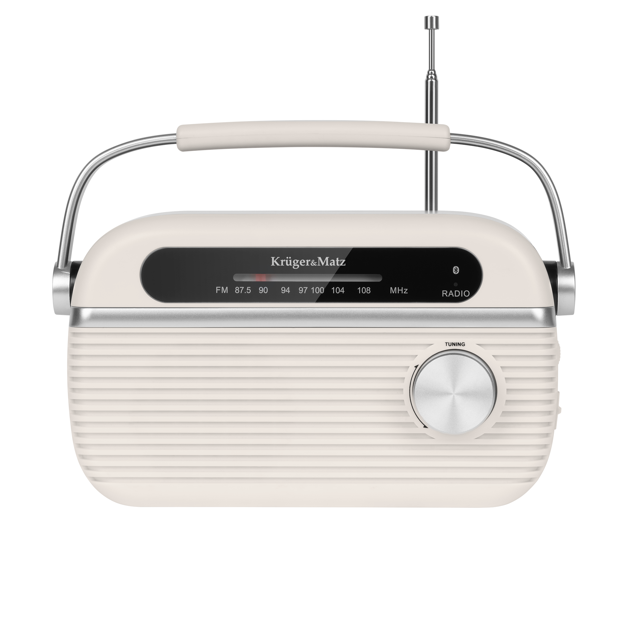 Kremowe radio retro ze srebrną rączką, anteną i pokrętłem strojenia na czarnym tle.