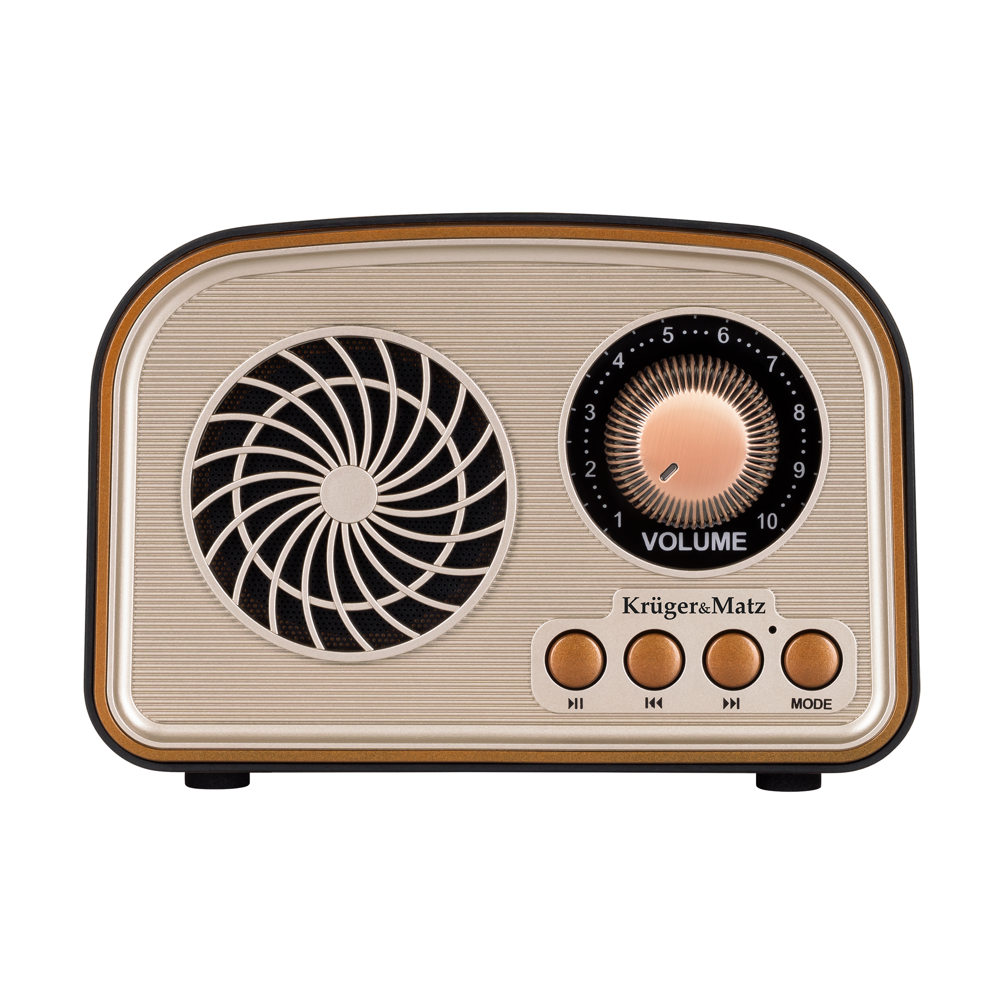 Retro beżowo-różowozłote radio z głośnikiem, dużym pokrętłem głośności i czterema przyciskami na czarnym tle.