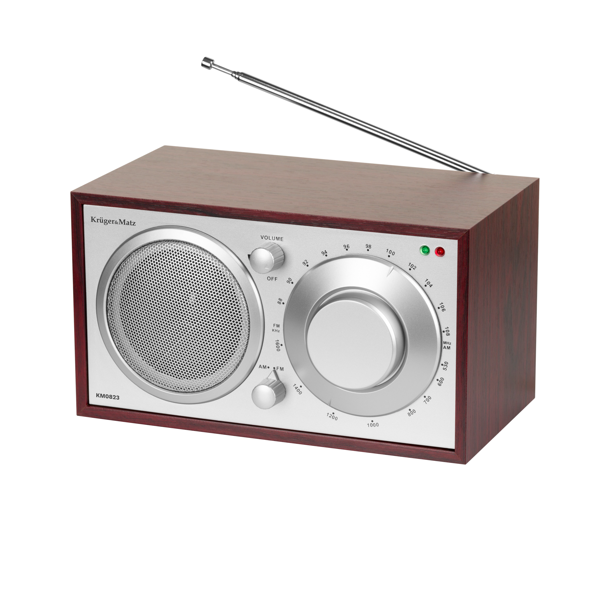 Retro drewniane radio ze srebrnym frontem, dużym głośnikiem, pokrętłem i anteną.
