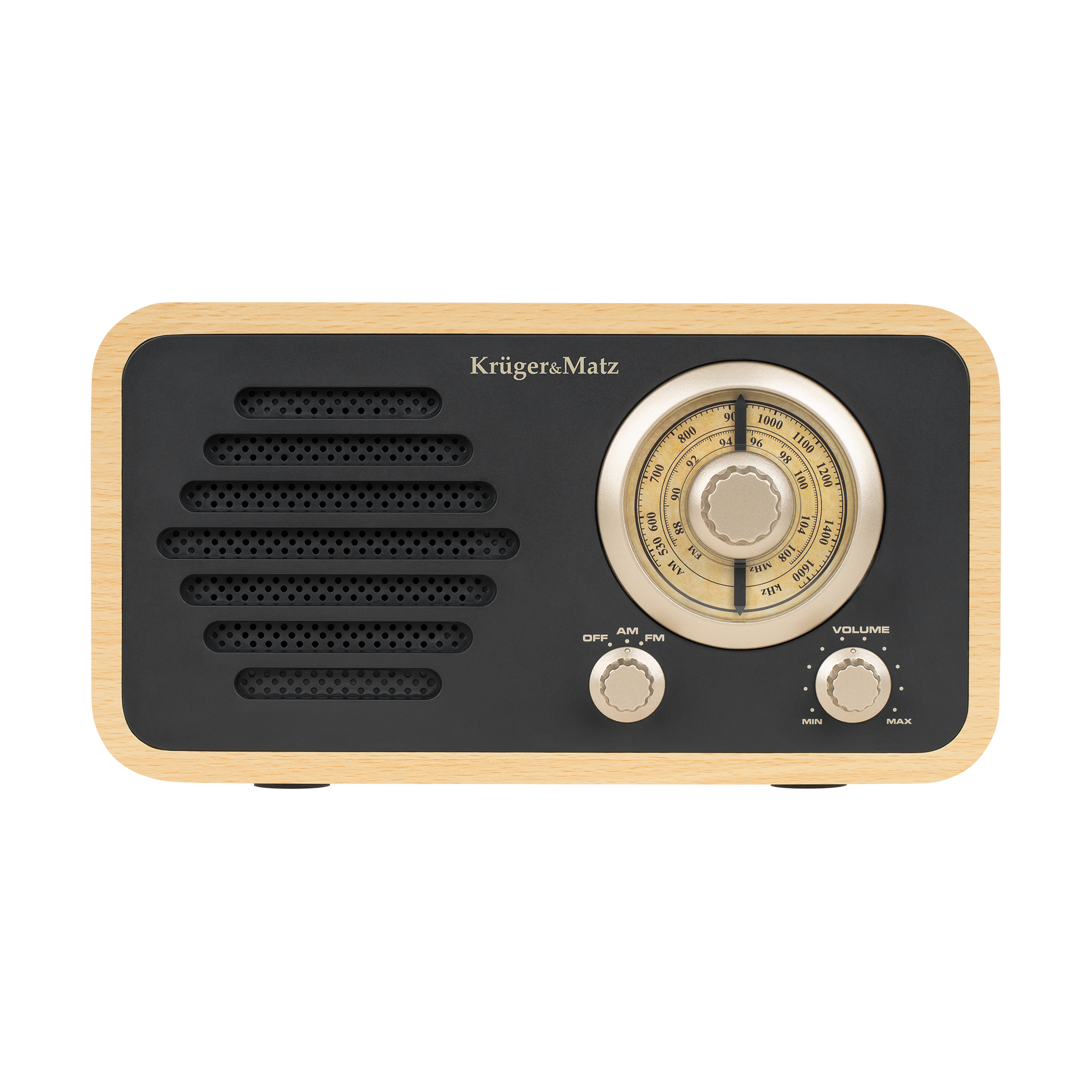 Retro drewniane radio z czarnym panelem przednim, okrągłą skalą i grillem głośnika na czarnym tle.