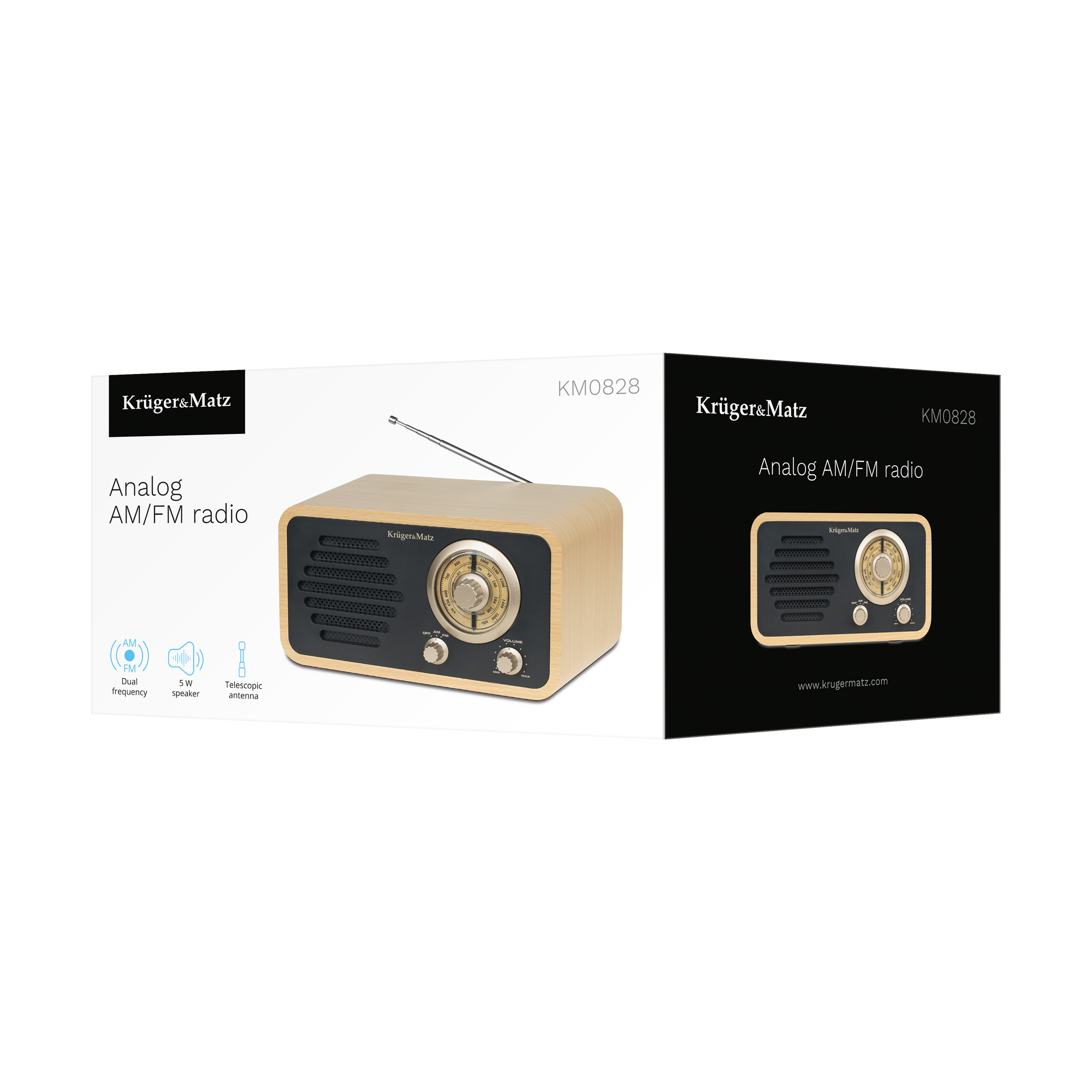 Opakowanie produktu z retro drewnianym radiem analogowym AM/FM z głośnikiem i anteną.