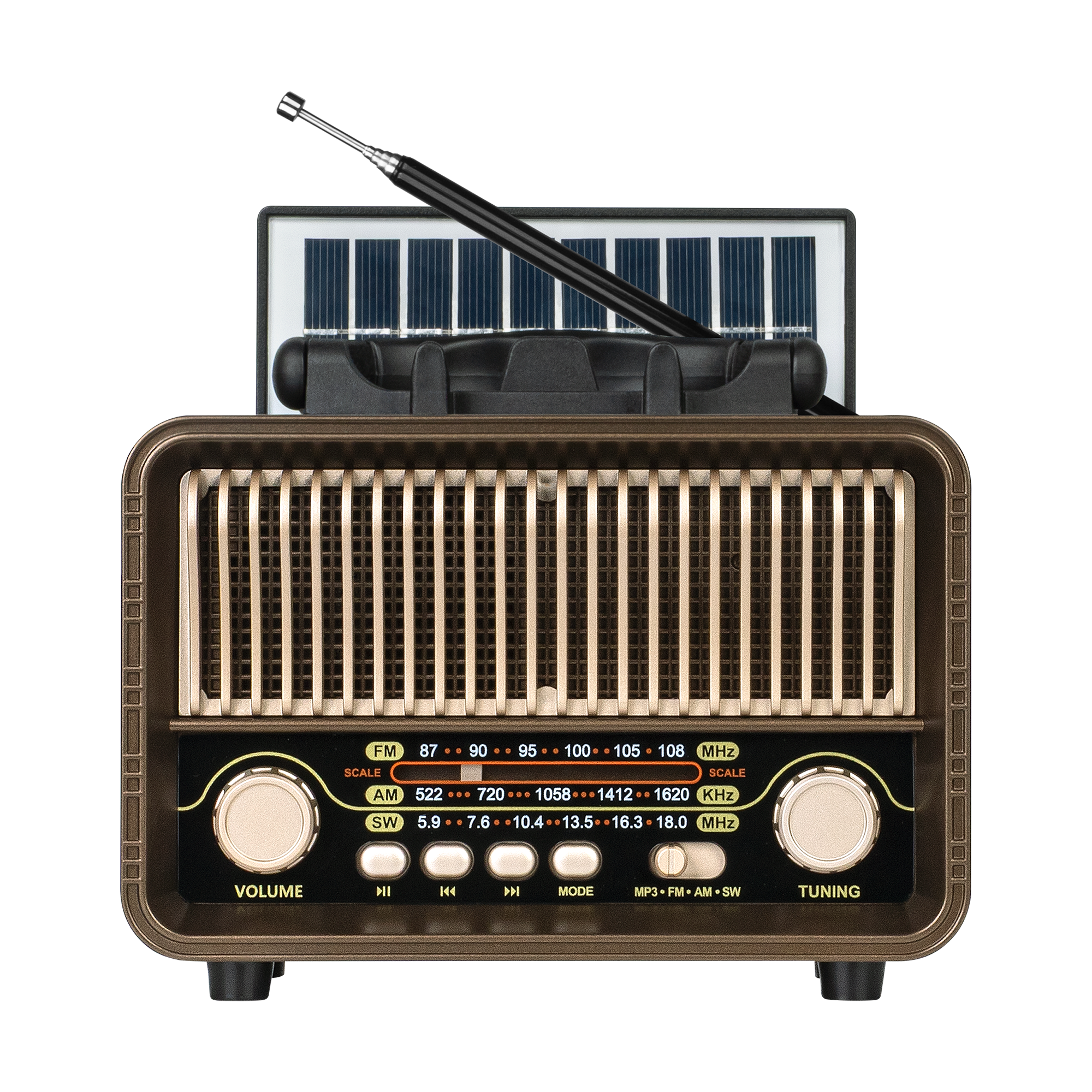 Brązowe radio w stylu retro z panelem słonecznym, anteną, skalą i pokrętłami.