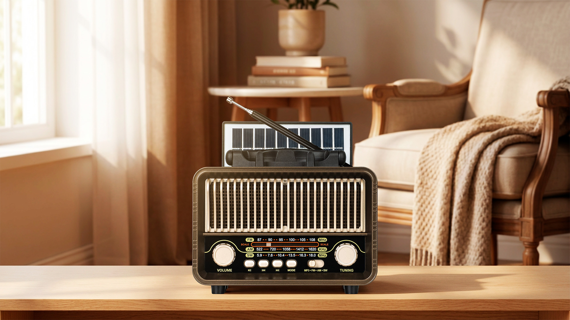 Retro radio z panelem słonecznym i anteną stoi na drewnianym stole w przytulnym salonie.