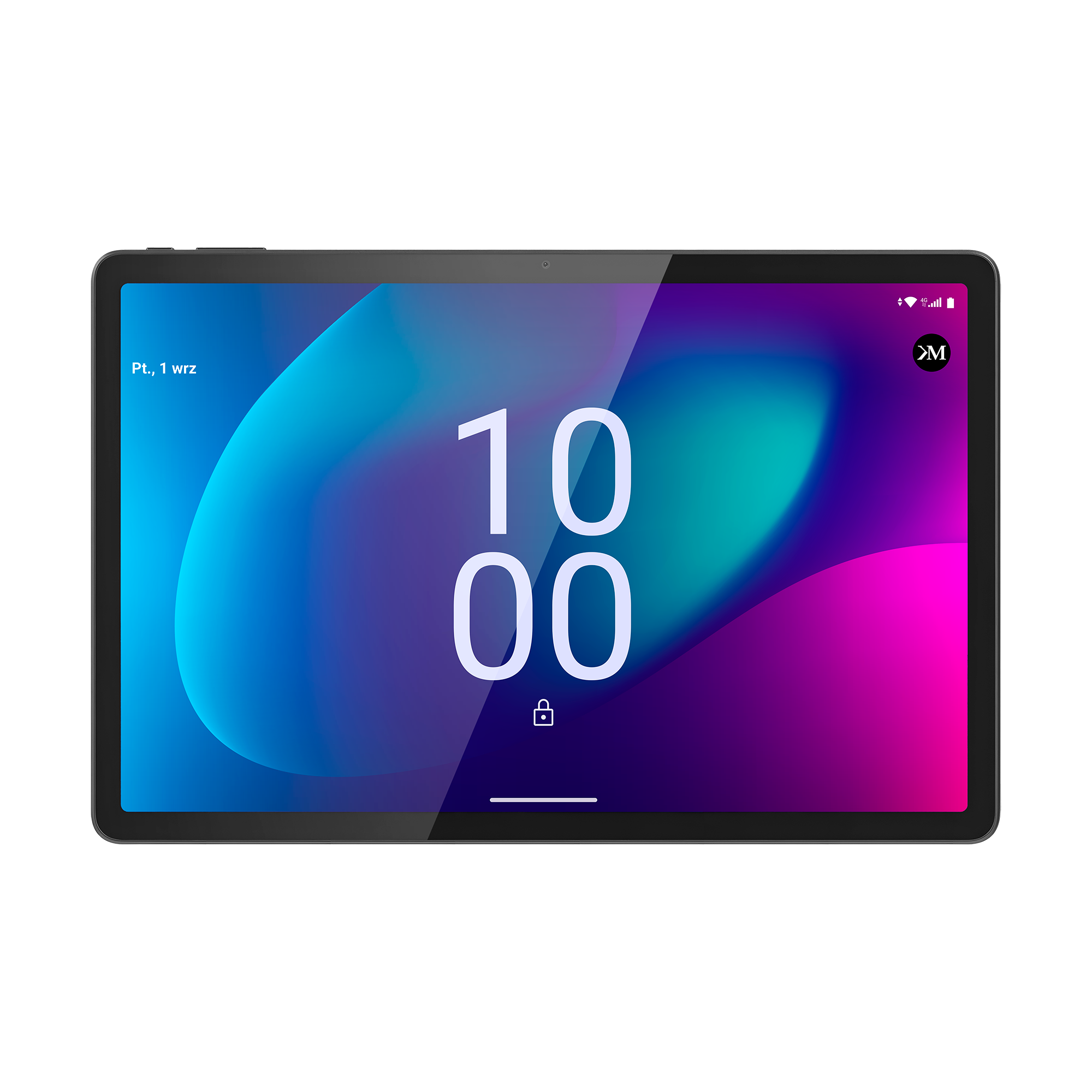 Czarny tablet wyświetla niebiesko-fioletowy ekran główny z godziną 10:00.