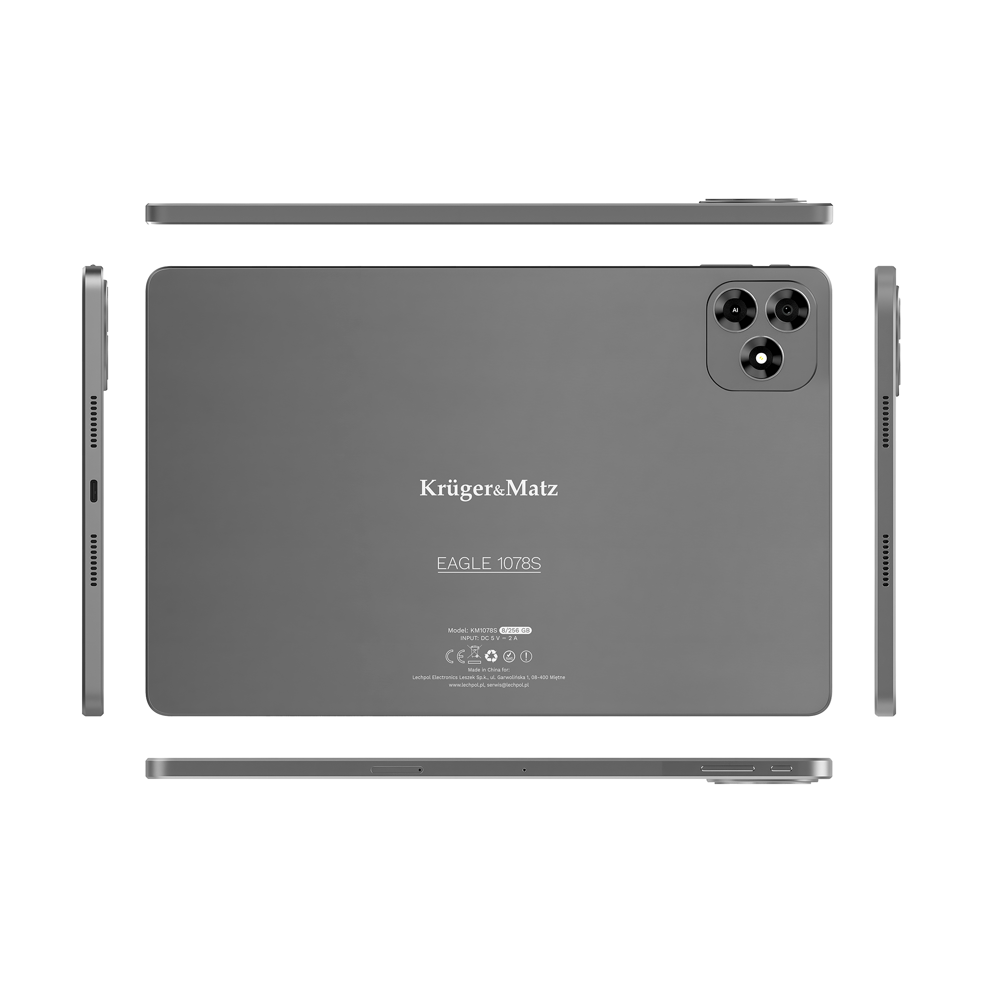Szary tablet Kruger&Matz Eagle 1078S pokazany z wielu kątów na czarnym tle.