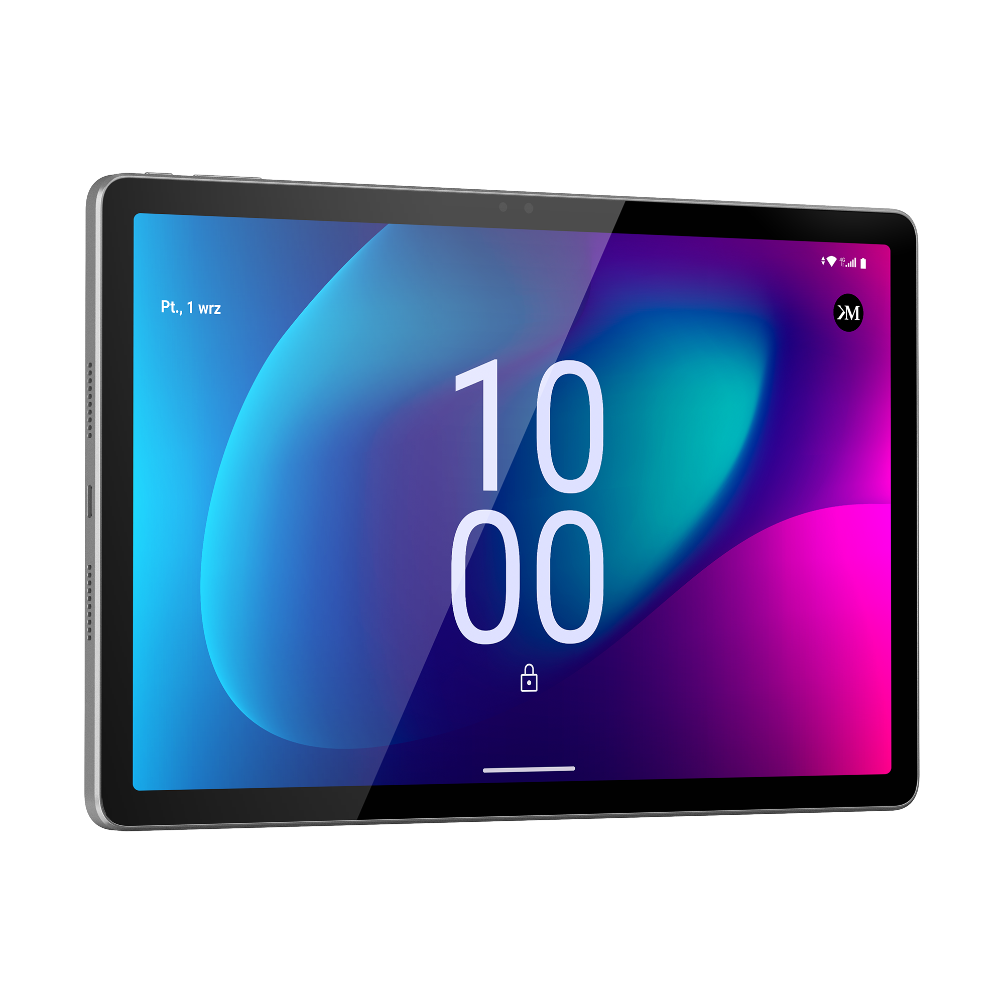 Srebrny tablet z niebiesko-różowym ekranem na czarnym tle wyświetla godzinę 10:00.