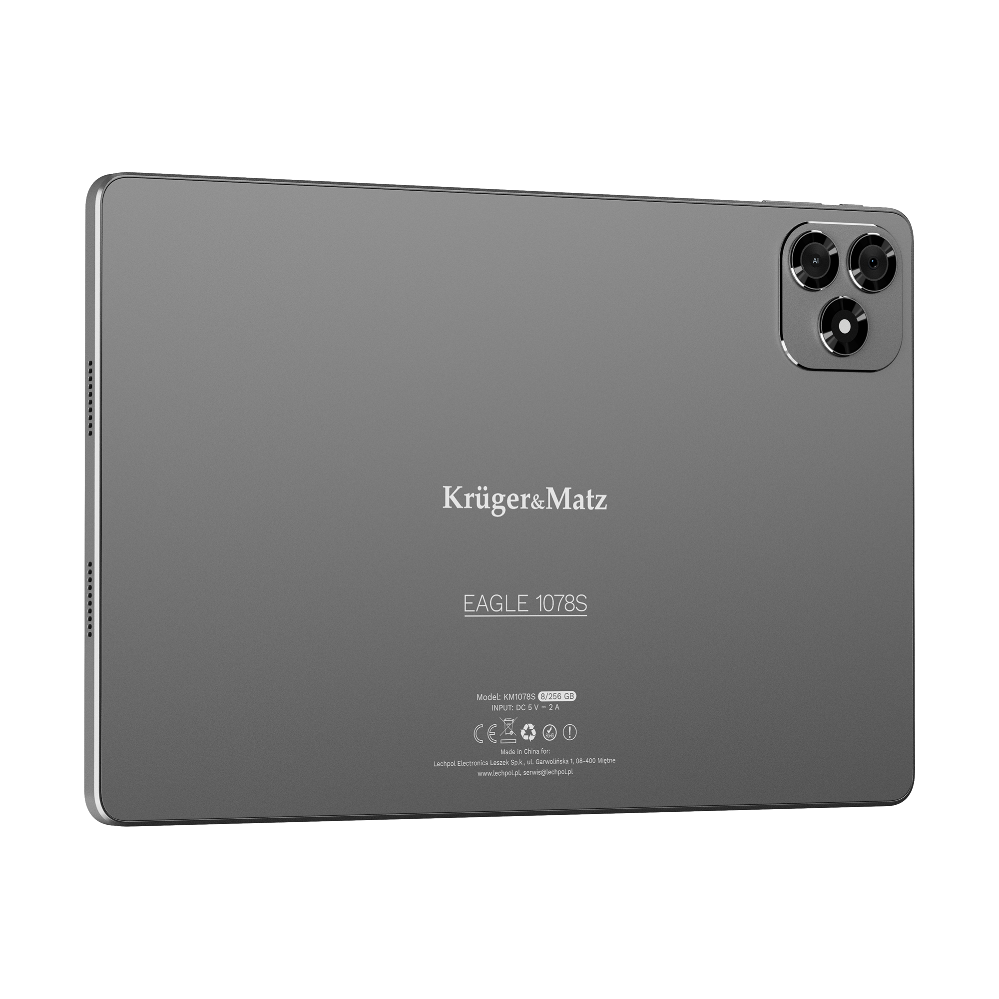 Tył szarego tabletu Kruger&Matz Eagle 1078S z potrójnym aparatem, na czarnym tle.