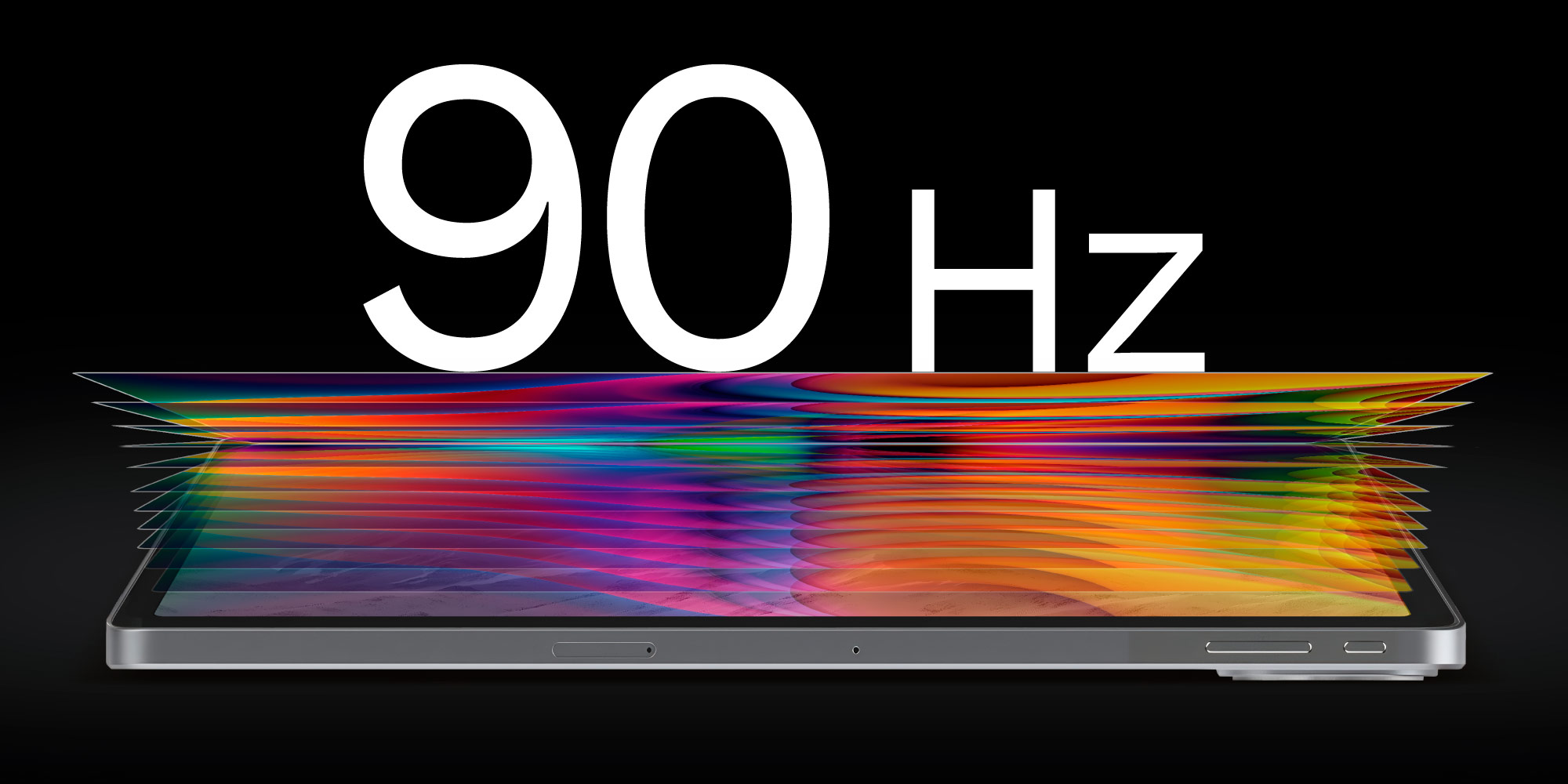 Smartfon z ekranem 90 Hz i kolorowymi warstwami na czarnym tle.