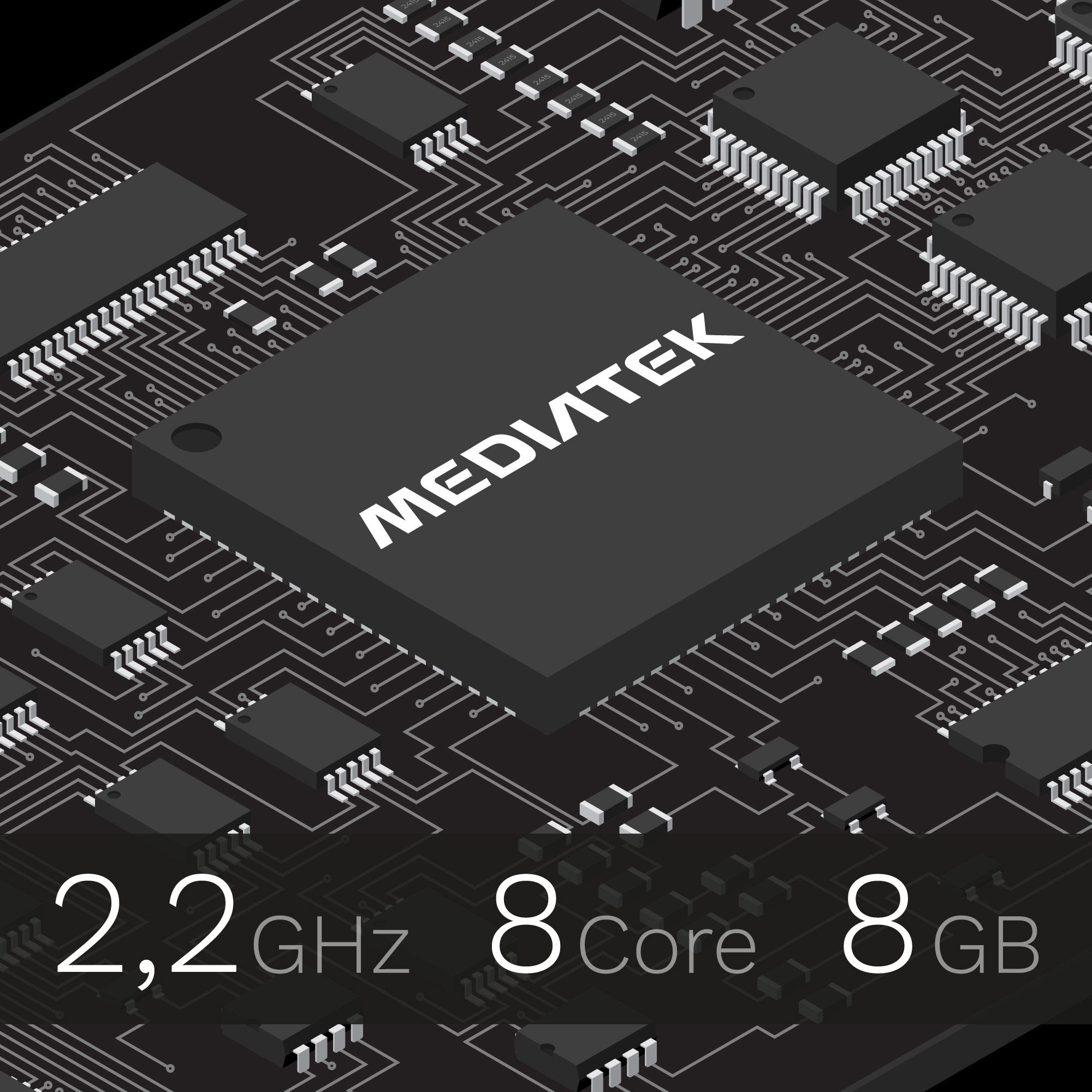 Czarny procesor MediaTek na płytce drukowanej z napisami 2,2 GHz, 8 Core i 8 GB.