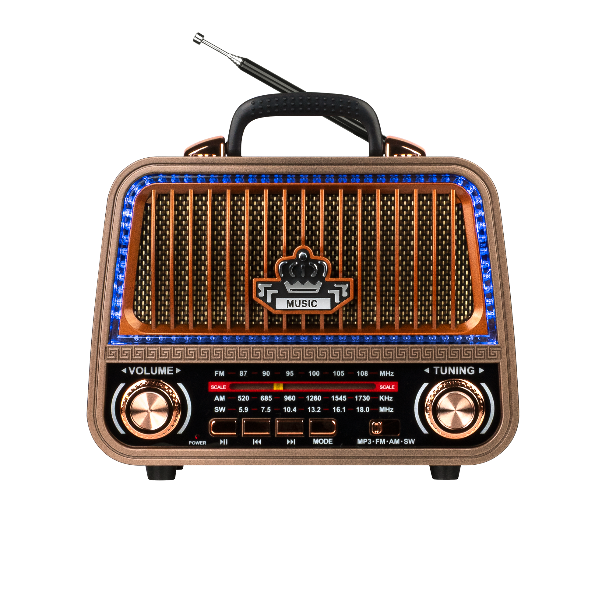 Radio w stylu retro w kolorze miedzianym z niebieskim oświetleniem LED, głośnikami i gałkami strojenia na czarnym tle.