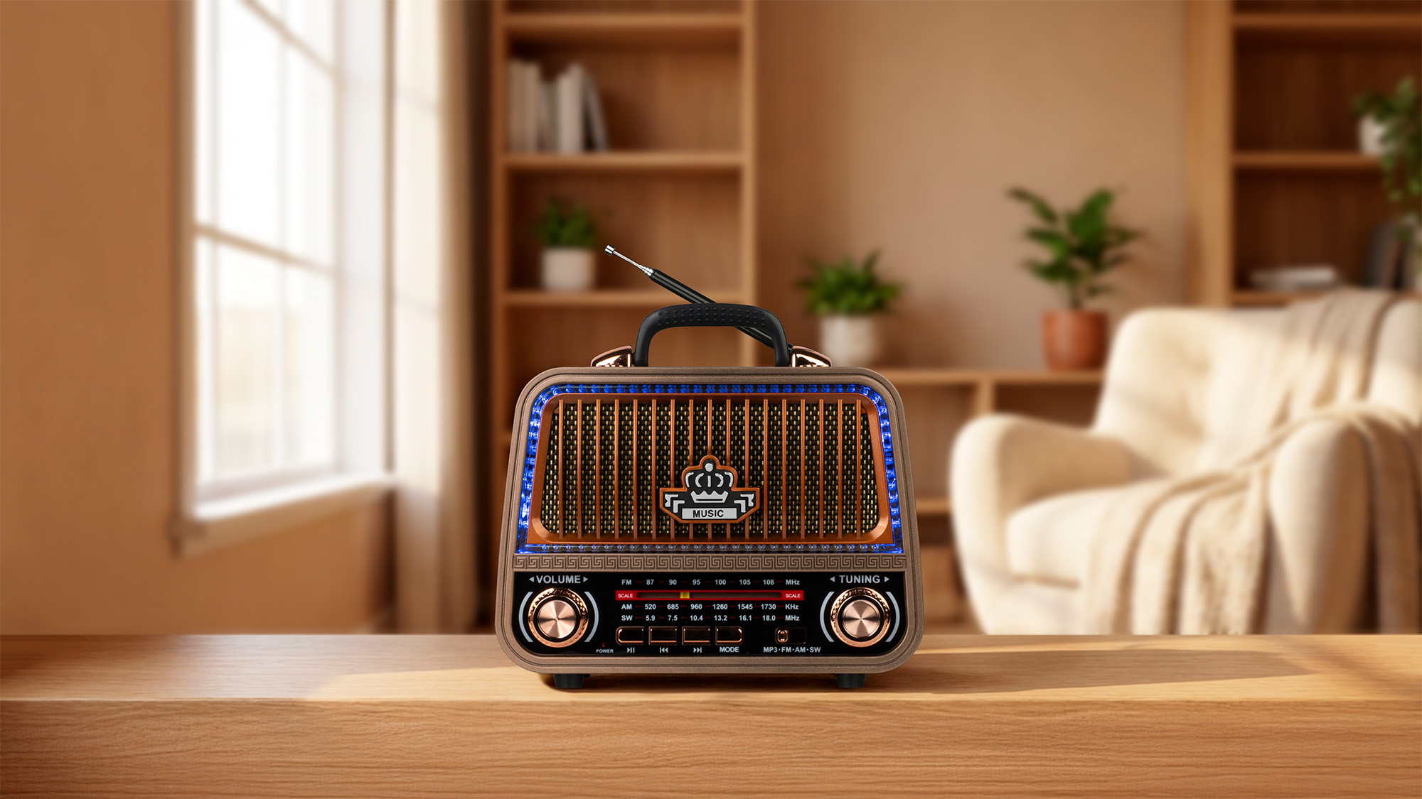 Stylizowane retro radio ze złotymi akcentami i niebieskim światłem stoi na drewnianym biurku przed rozmytym pokojem.