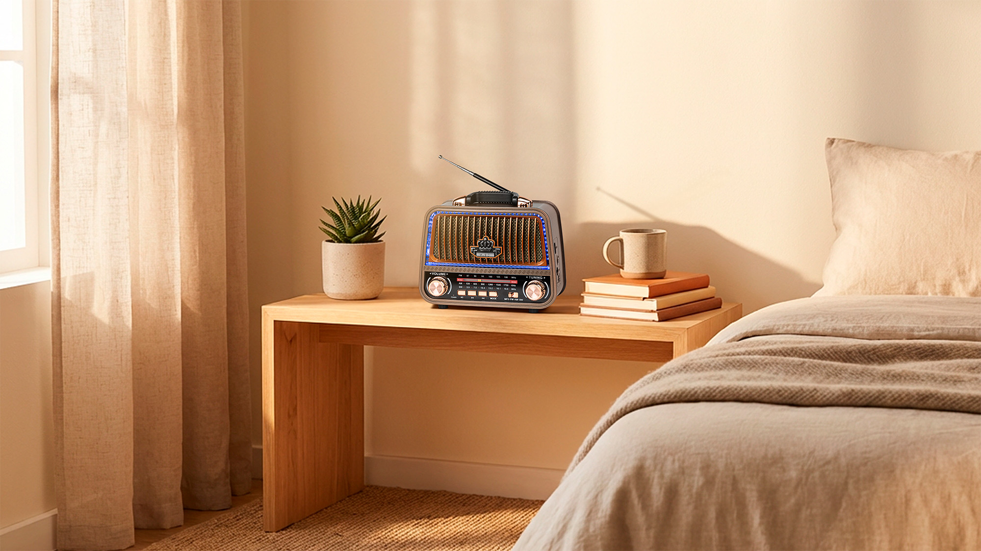 Retro radio, roślina i kubek na książkach stoją na drewnianym stoliku obok łóżka.