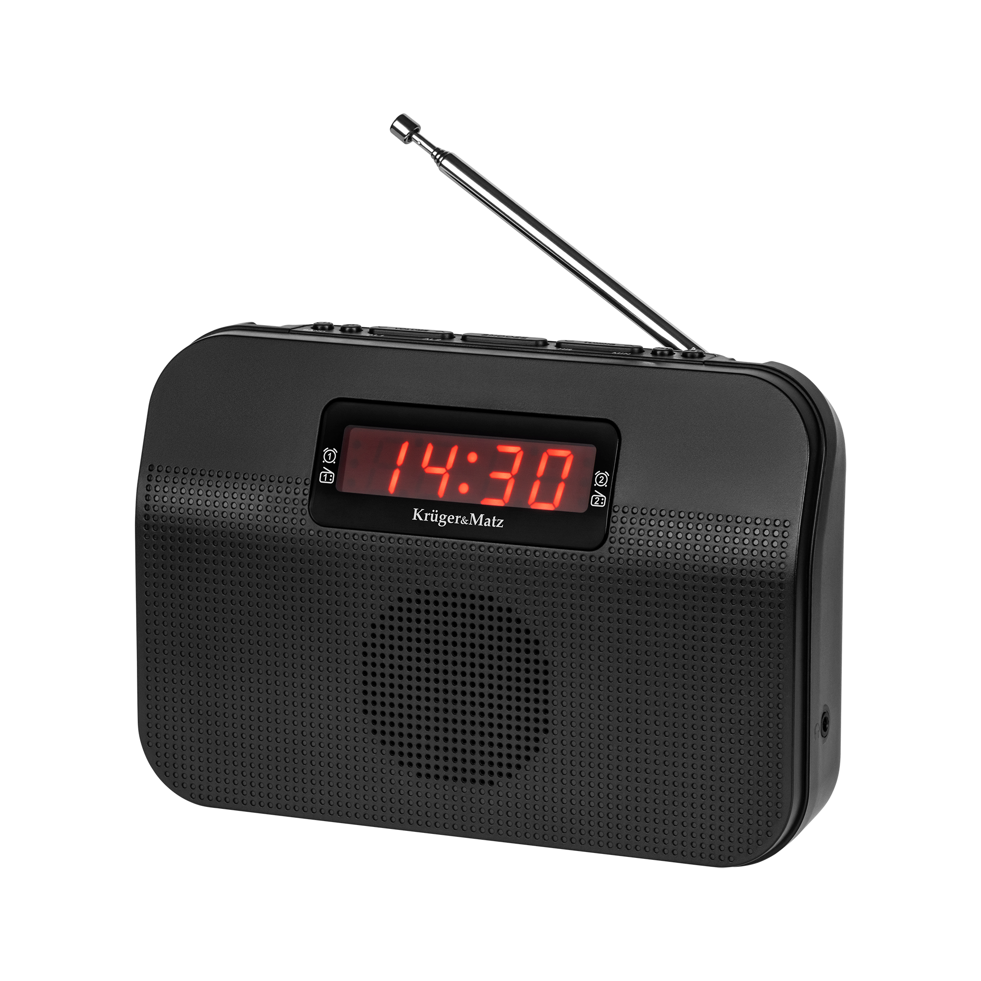 Czarne radio Kruger&Matz z czerwonym wyświetlaczem LED i wysuniętą anteną na czarnym tle.