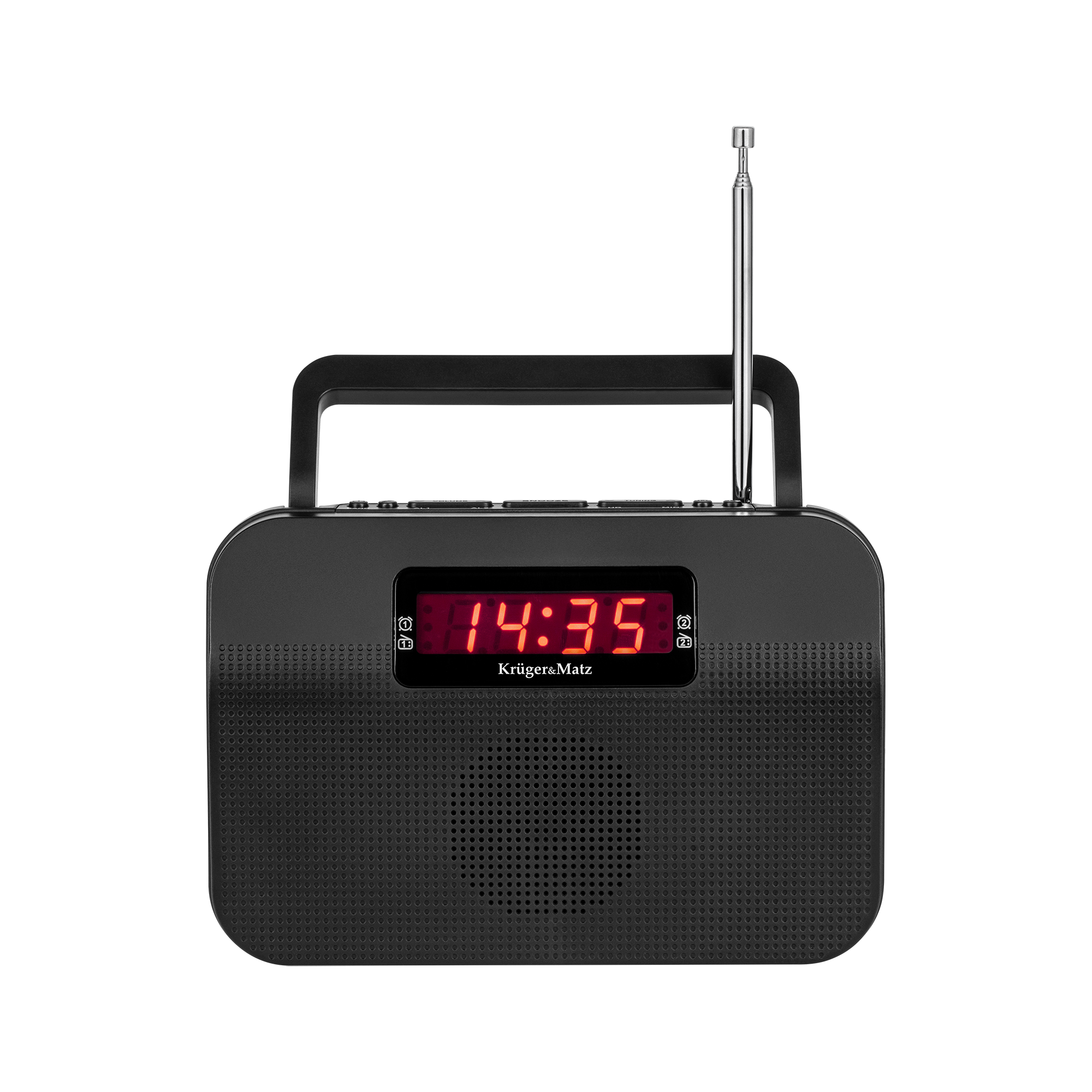 Czarne radio przenośne z uchwytem, anteną teleskopową i czerwonym wyświetlaczem cyfrowym LED na czarnym tle.