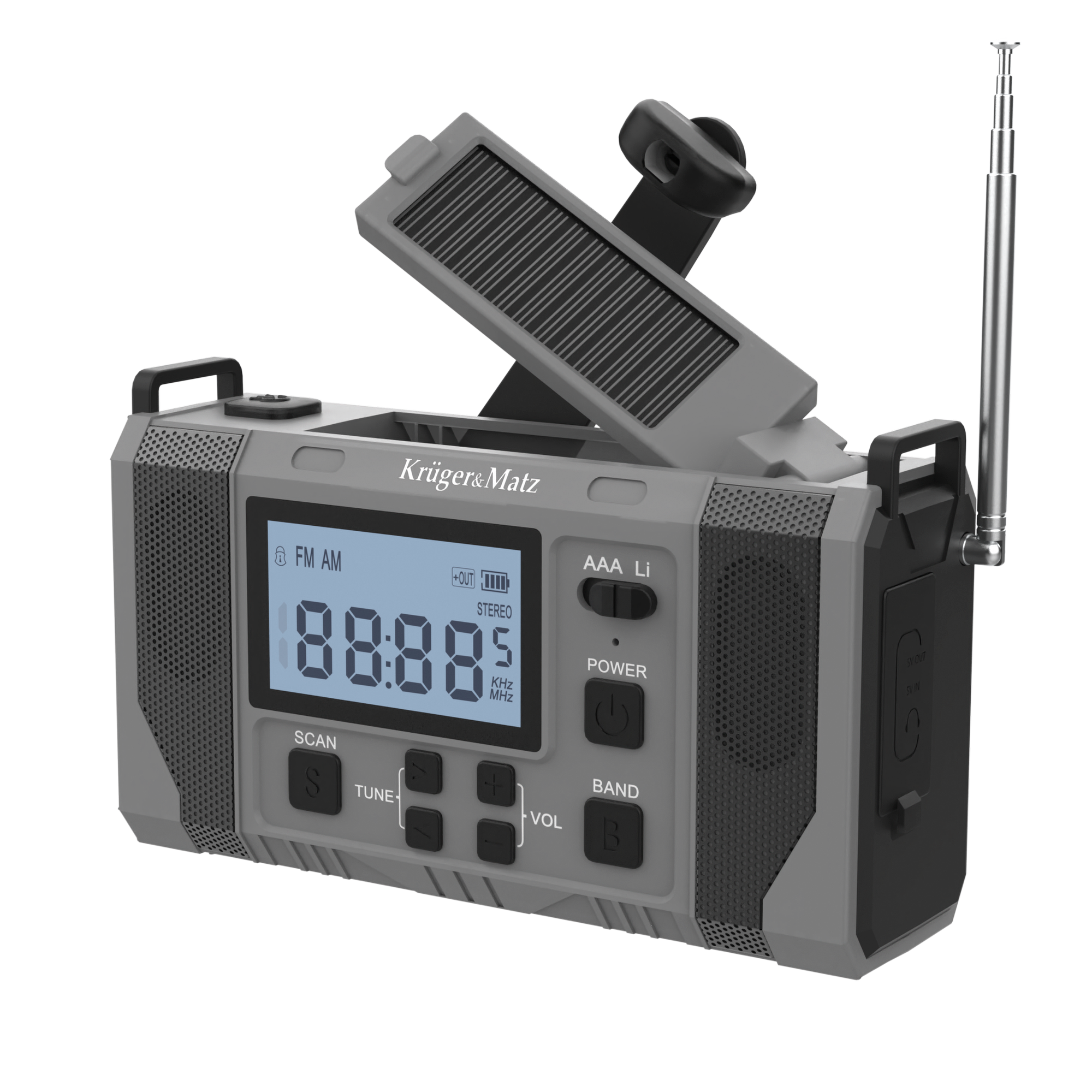 Szare radio awaryjne Kruger&Matz z anteną, wyświetlaczem cyfrowym, panelem słonecznym i korbką.
