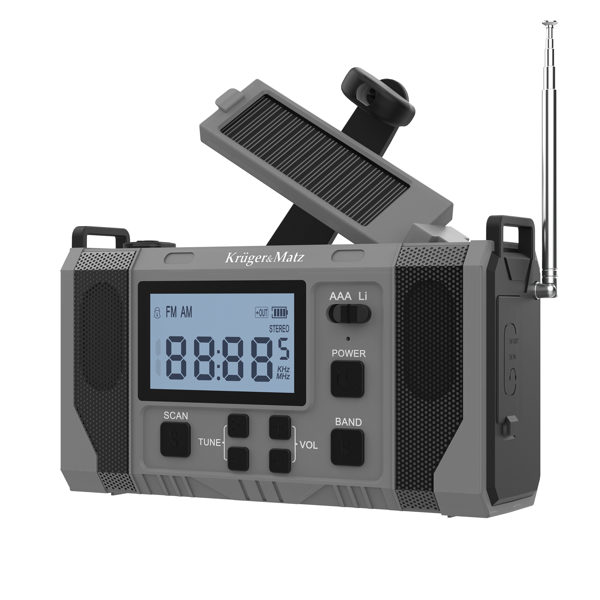 Szare radio awaryjne z wyświetlaczem LCD, wysuwaną anteną, panelem słonecznym i korbą na czarnym tle.