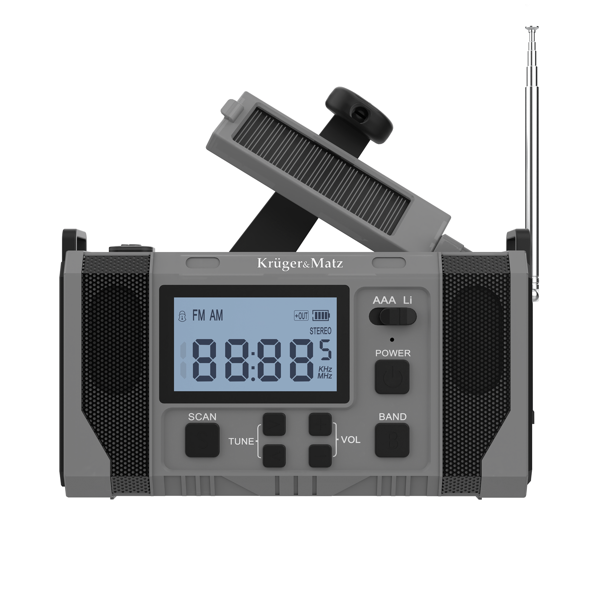 Szare radio Kruger&Matz z ekranem LCD, anteną i panelem słonecznym na czarnym tle.
