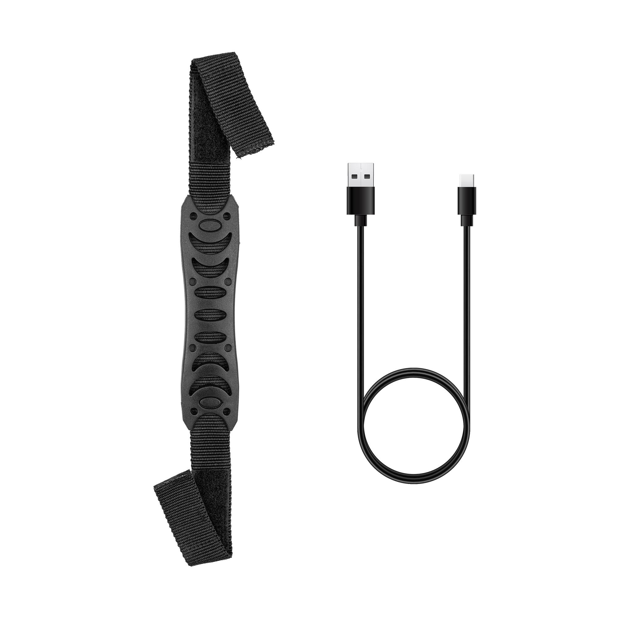 Czarny pasek do noszenia z uchwytem oraz czarny kabel USB na czarnym tle.