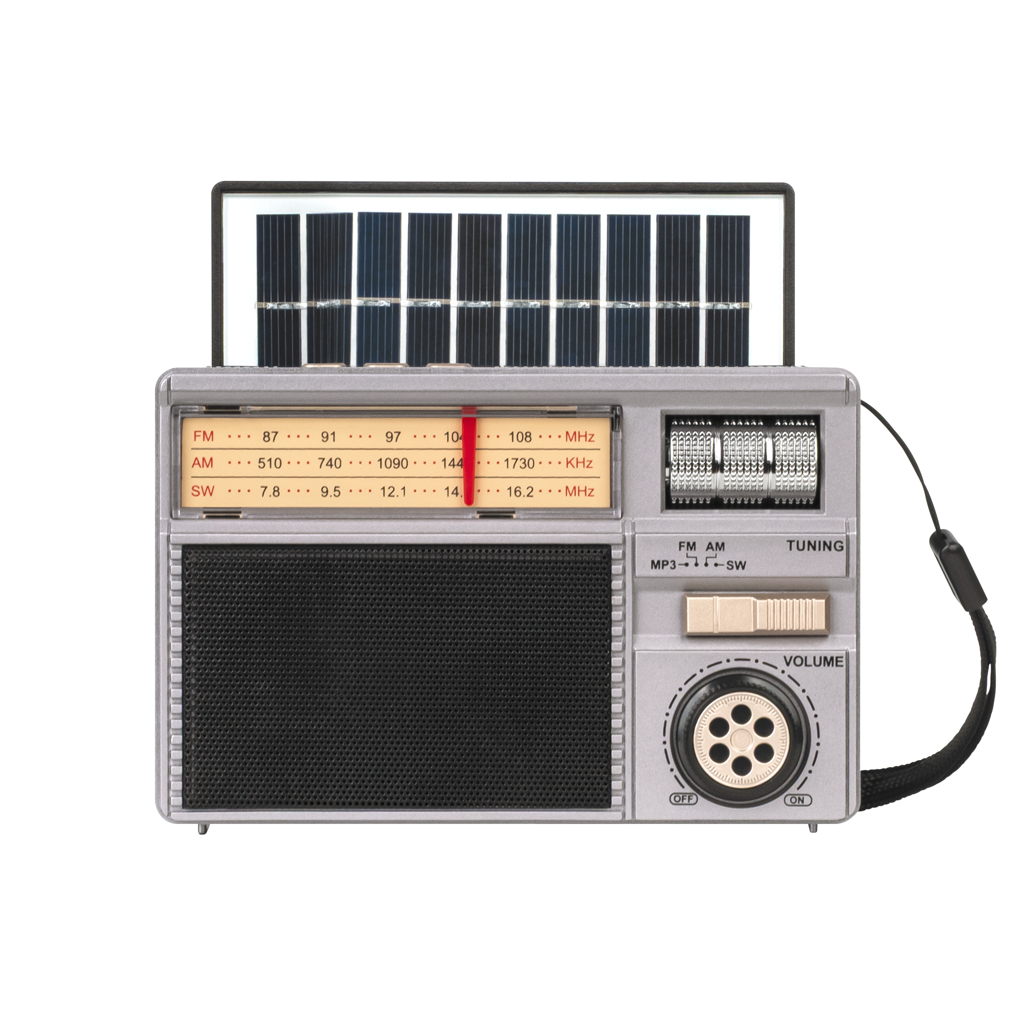 Szare radio awaryjne z analogowym tunerem, głośnikiem i rozkładanym panelem słonecznym na czarnym tle.