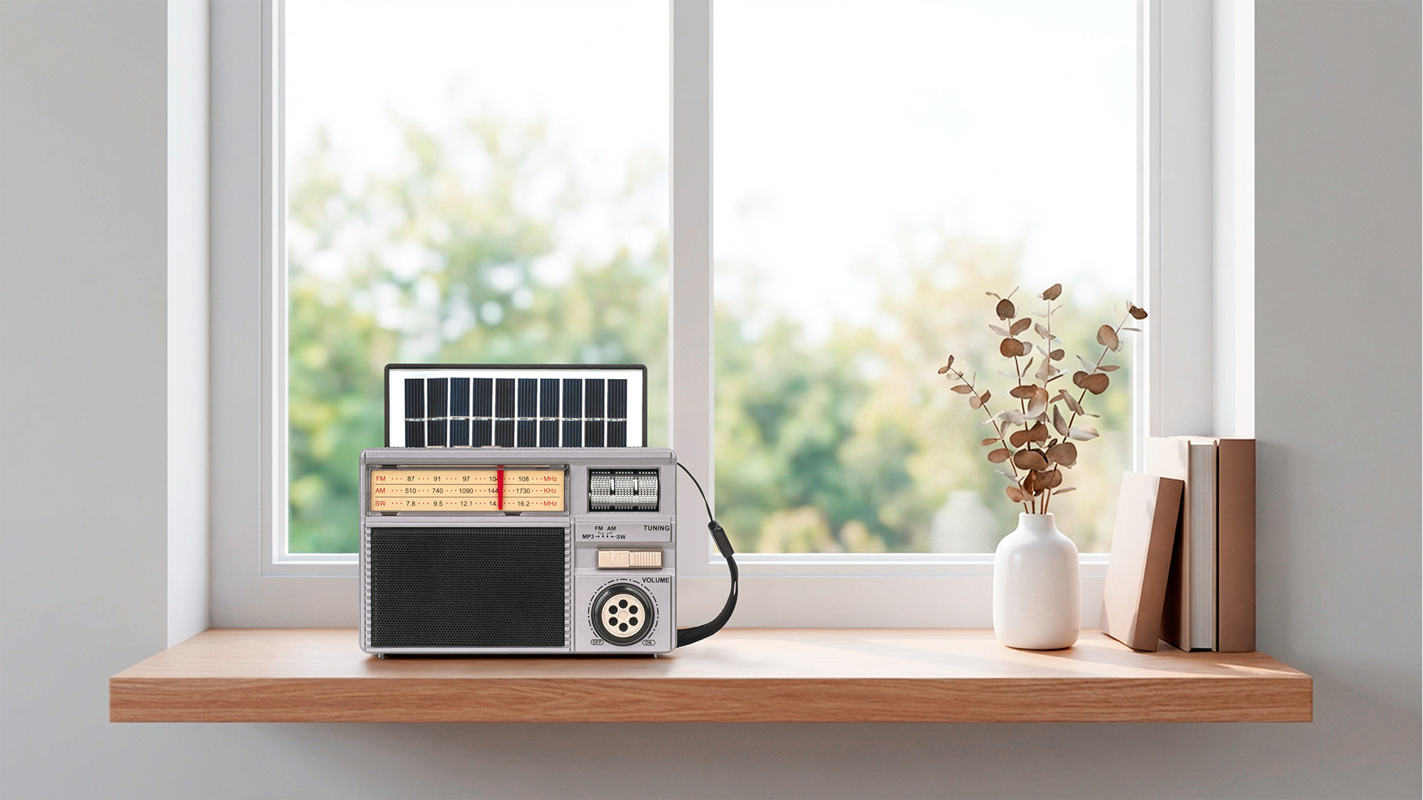 Szare radio solarne, wazon z gałązkami i książki stoją na drewnianym parapet przed jasnym oknem.