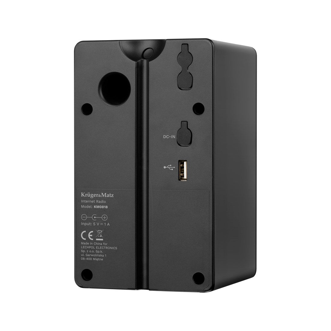 Widok z tyłu czarnego radia internetowego Kruger&Matz z portami DC-in i USB.