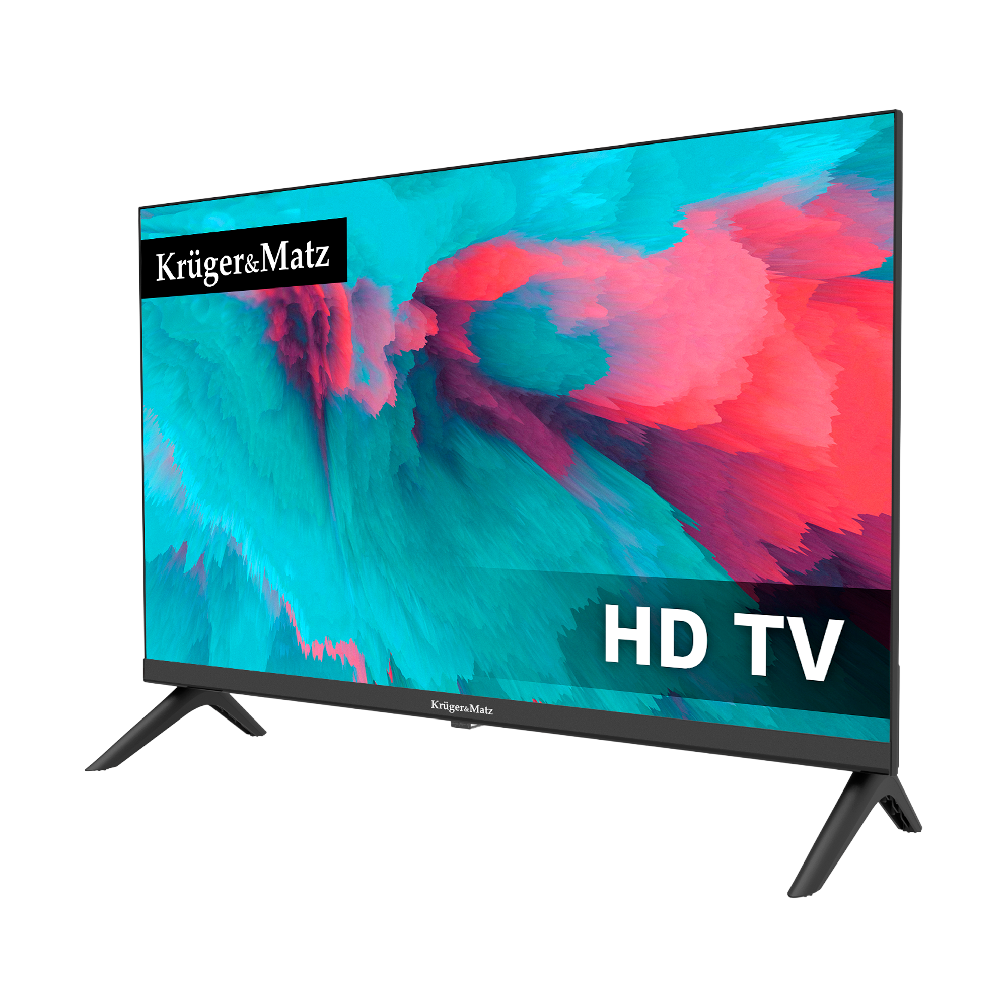 Czarny telewizor HD Krüger&Matz z kolorowym ekranem i podstawkami na czarnym tle.