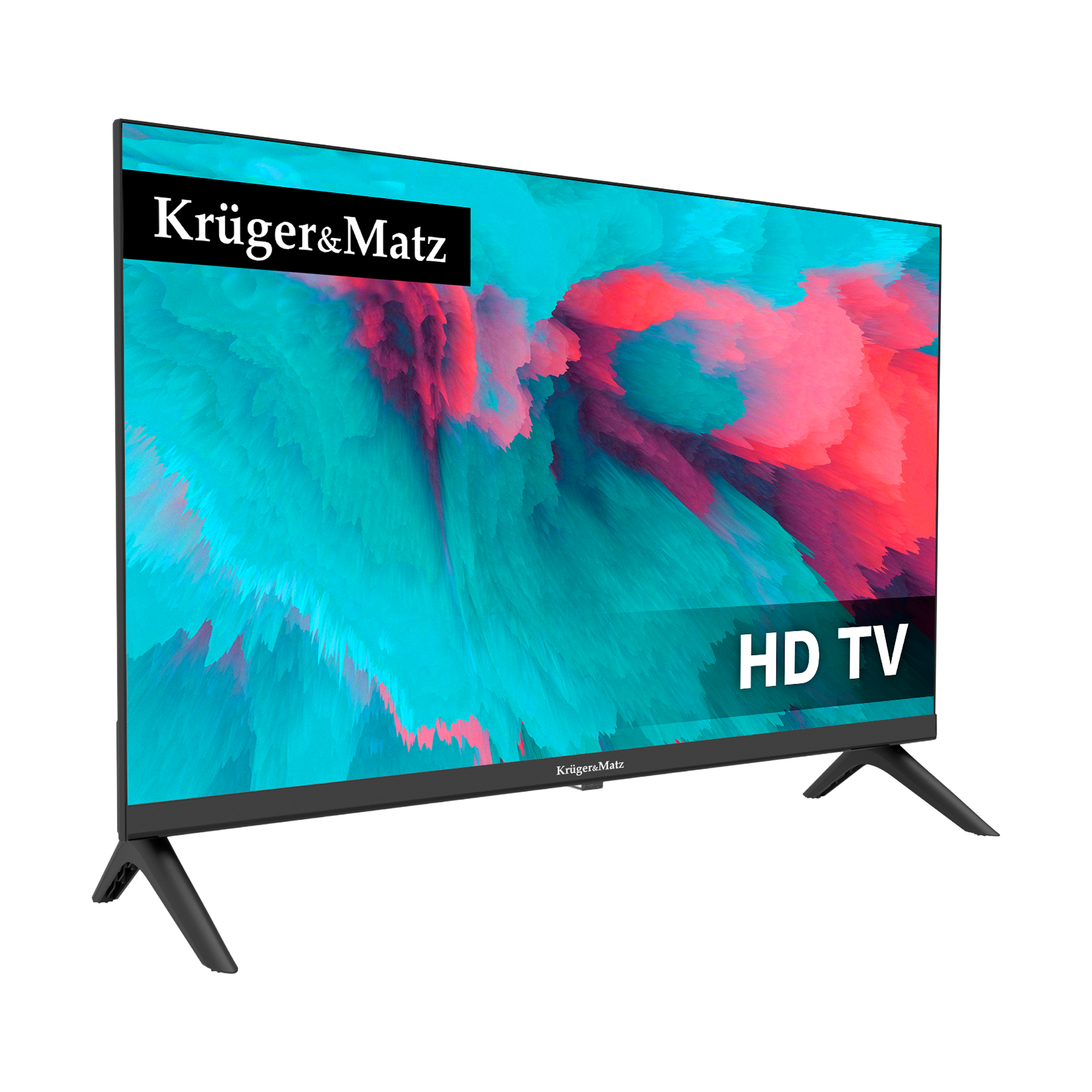 Telewizor płaskoekranowy z kolorowym tłem, nazwą marki Kruger&Matz i napisem HD TV.
