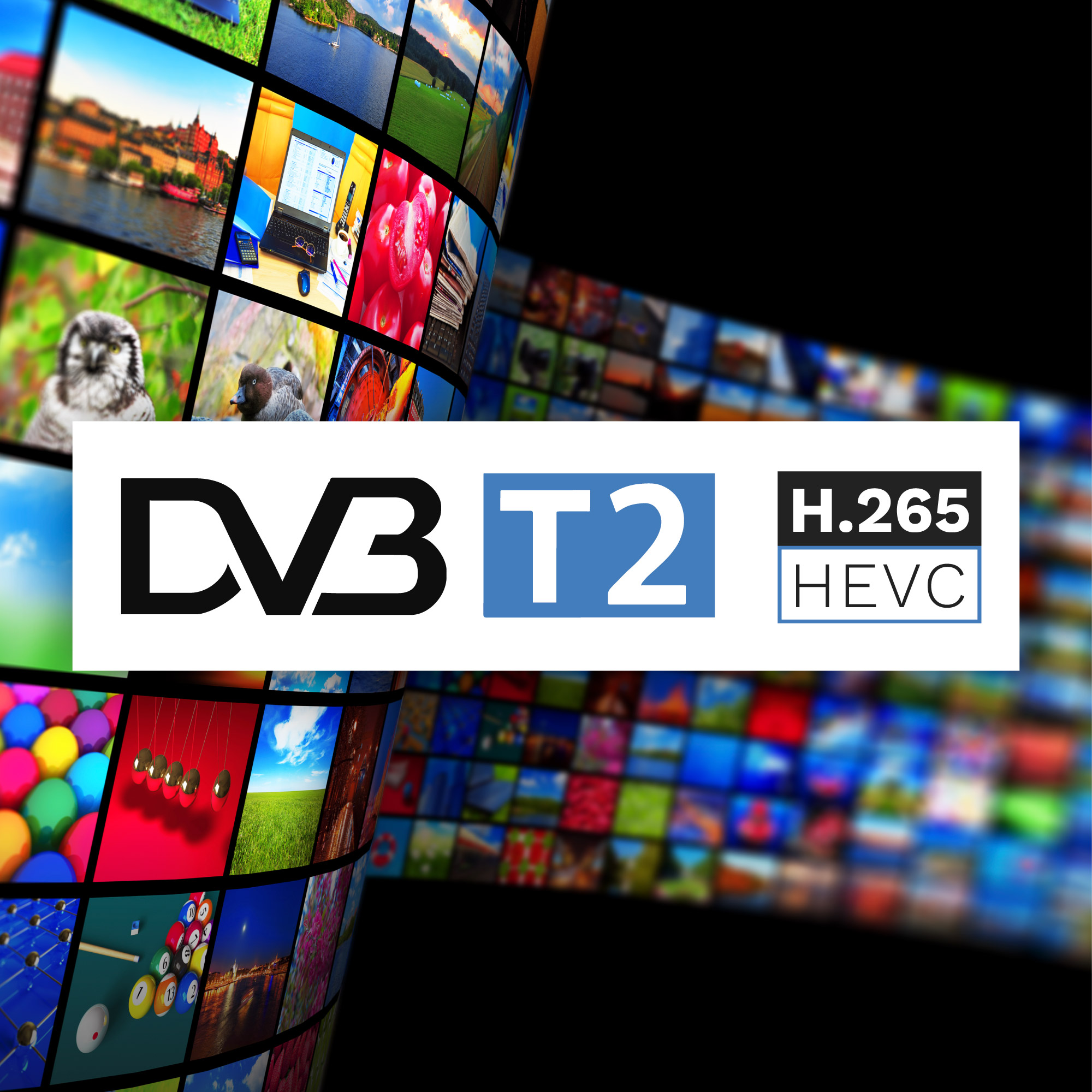 Logo DVB T2 H.265 HEVC na tle kolorowej mozaiki wideo na czarnym tle.