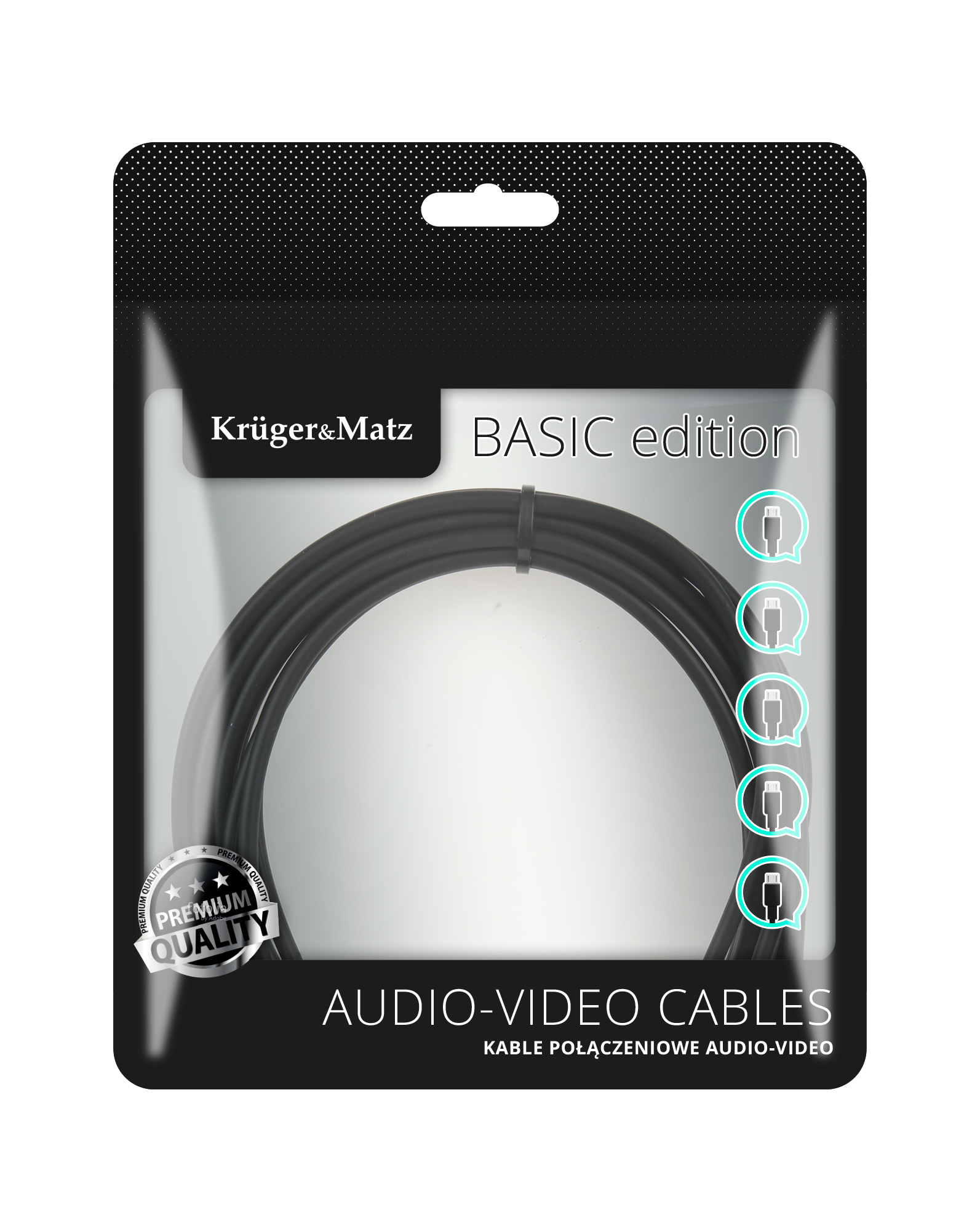 Opakowanie kabla audio-wideo Krüger&Matz Basic Edition z czarnym zwiniętym kablem na białym tle.